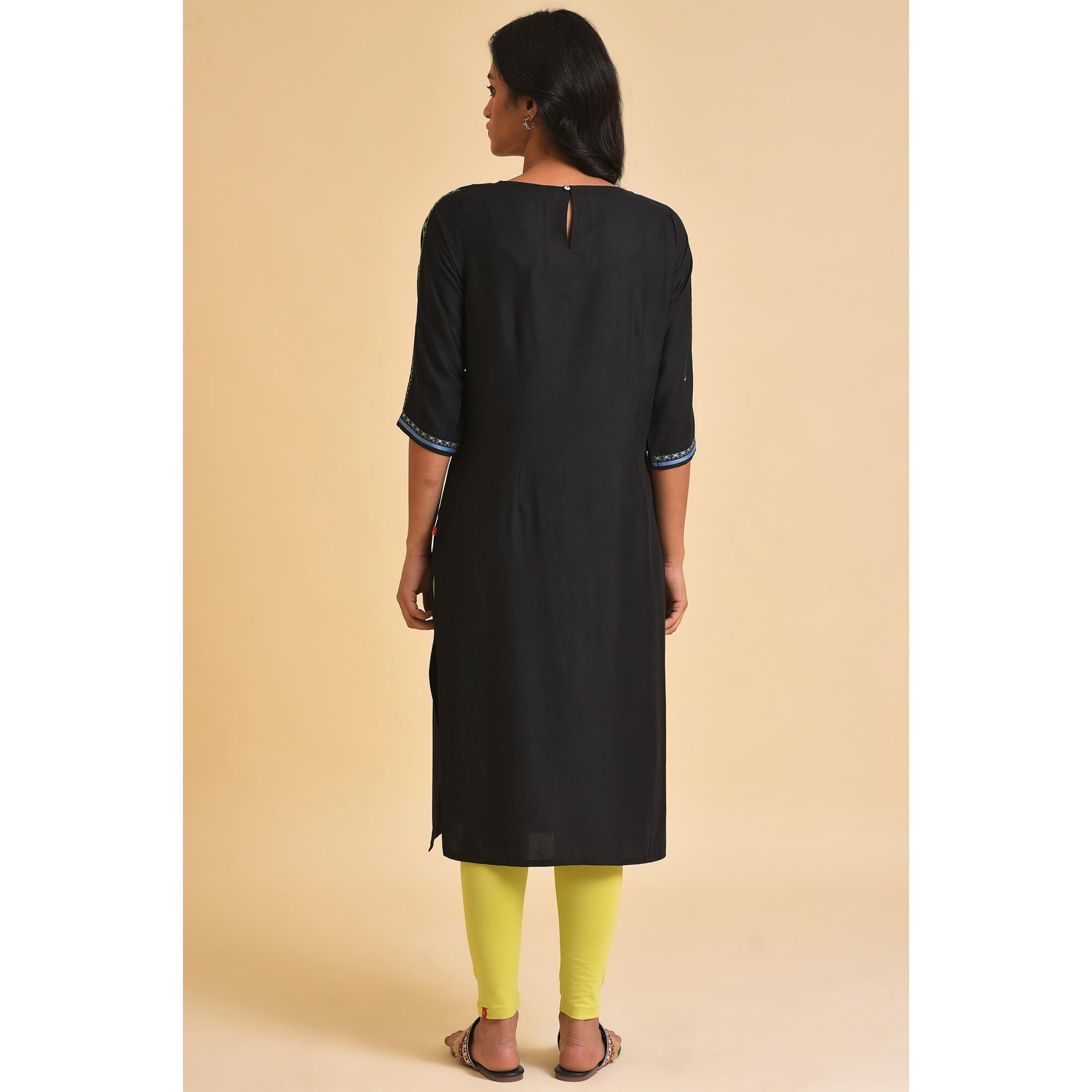 W Black Geometric Printed Cotton-Rayon Blend Straight Long Kurta For Women