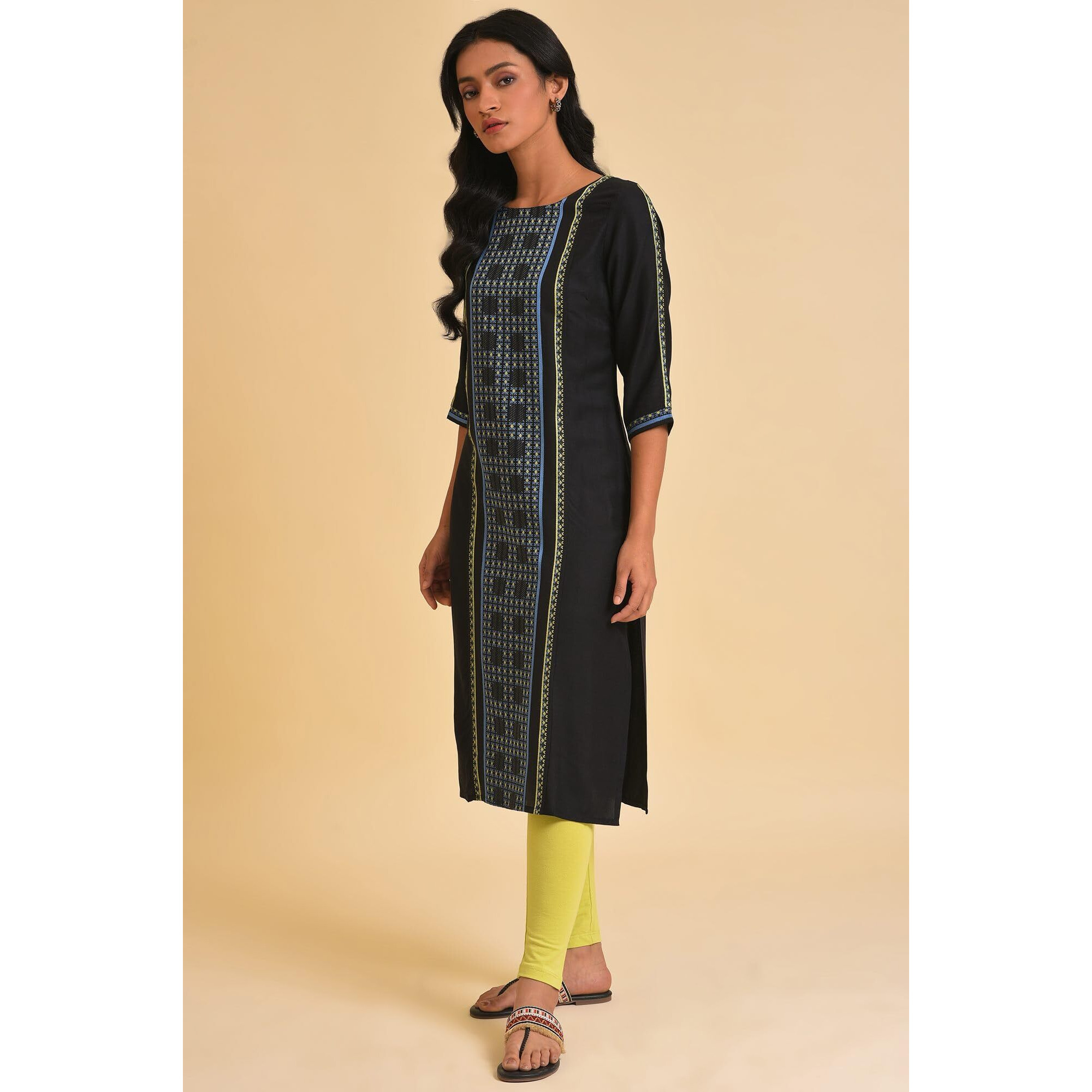 W Black Geometric Printed Cotton-Rayon Blend Straight Long Kurta For Women