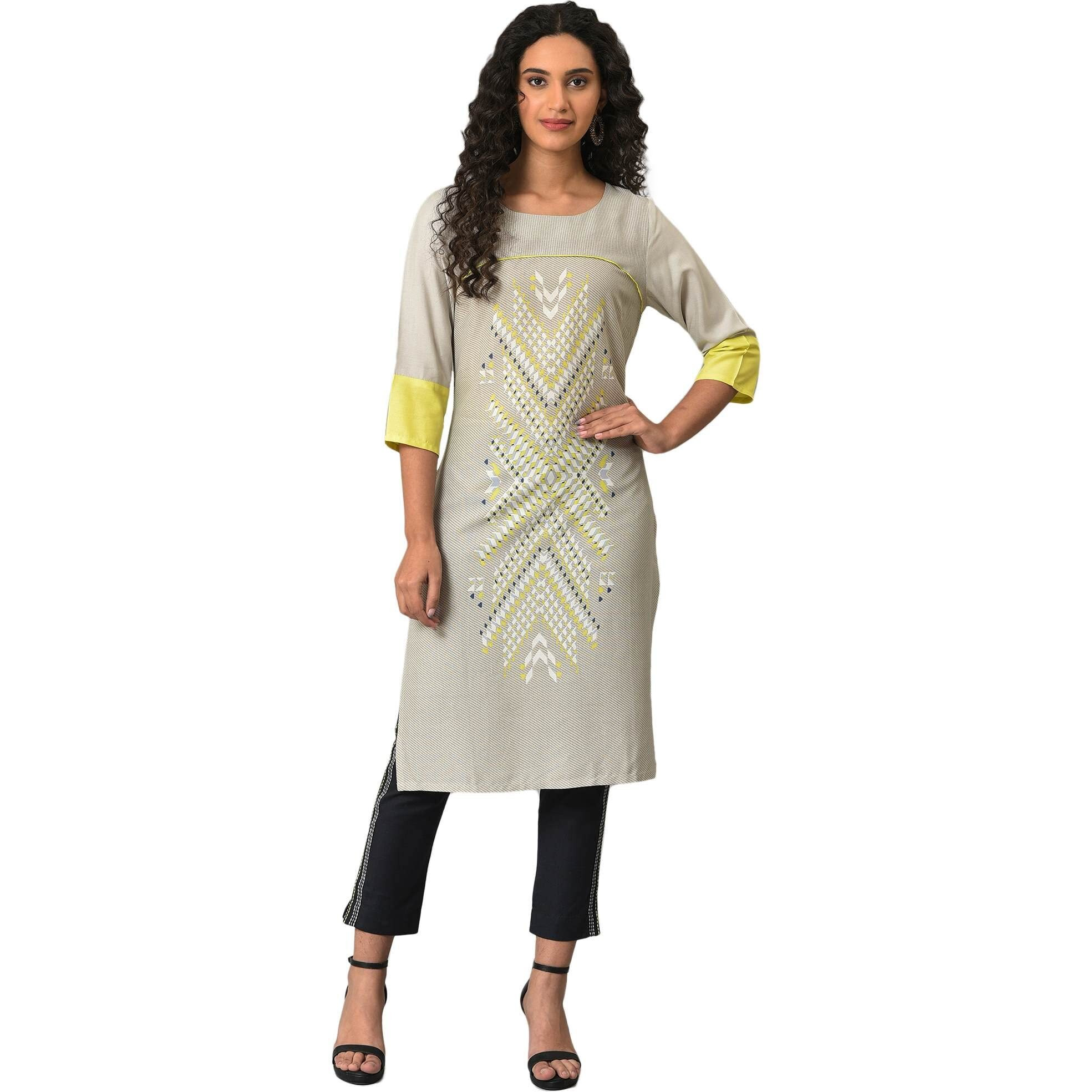 W For Woman Grey Placement Print Straight Kurta_23Few18715-120128_M_10