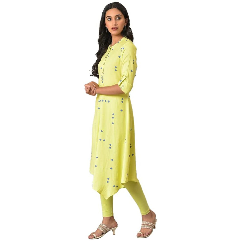 W For Woman Celery Green Asymmetric Kurta In Geometric Print_23Few18952-120114_M