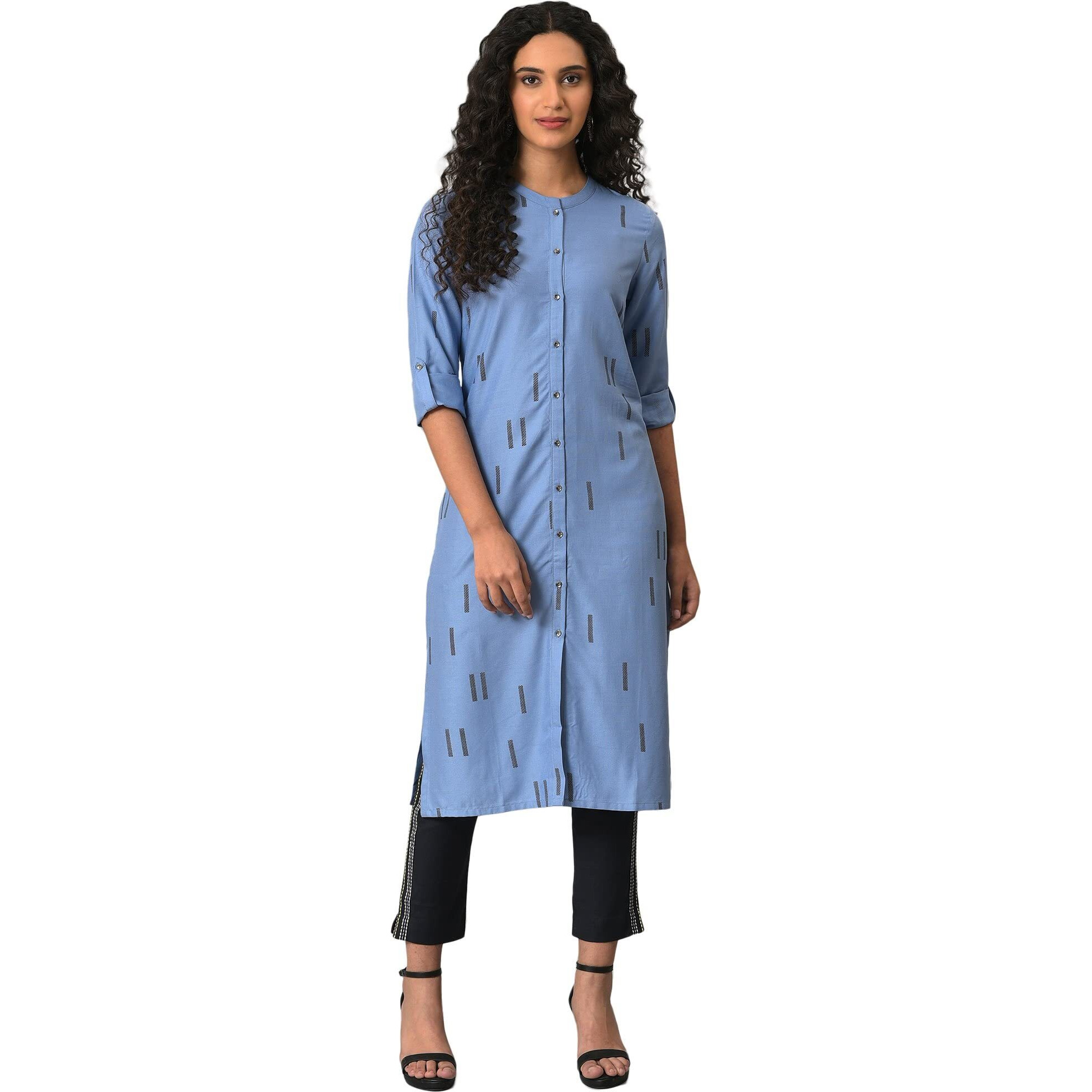 W For Woman Blue Geometric Print Shirt Kurta_23Few18953-120118_L_12