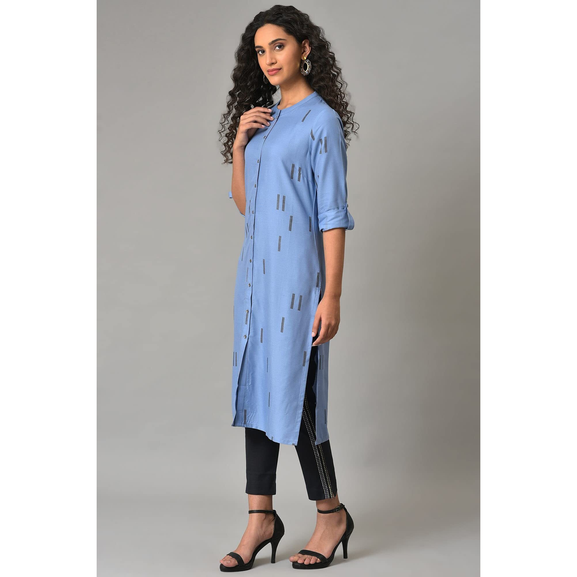 W For Woman Blue Geometric Print Shirt Kurta_23Few18953-120118_3Xl