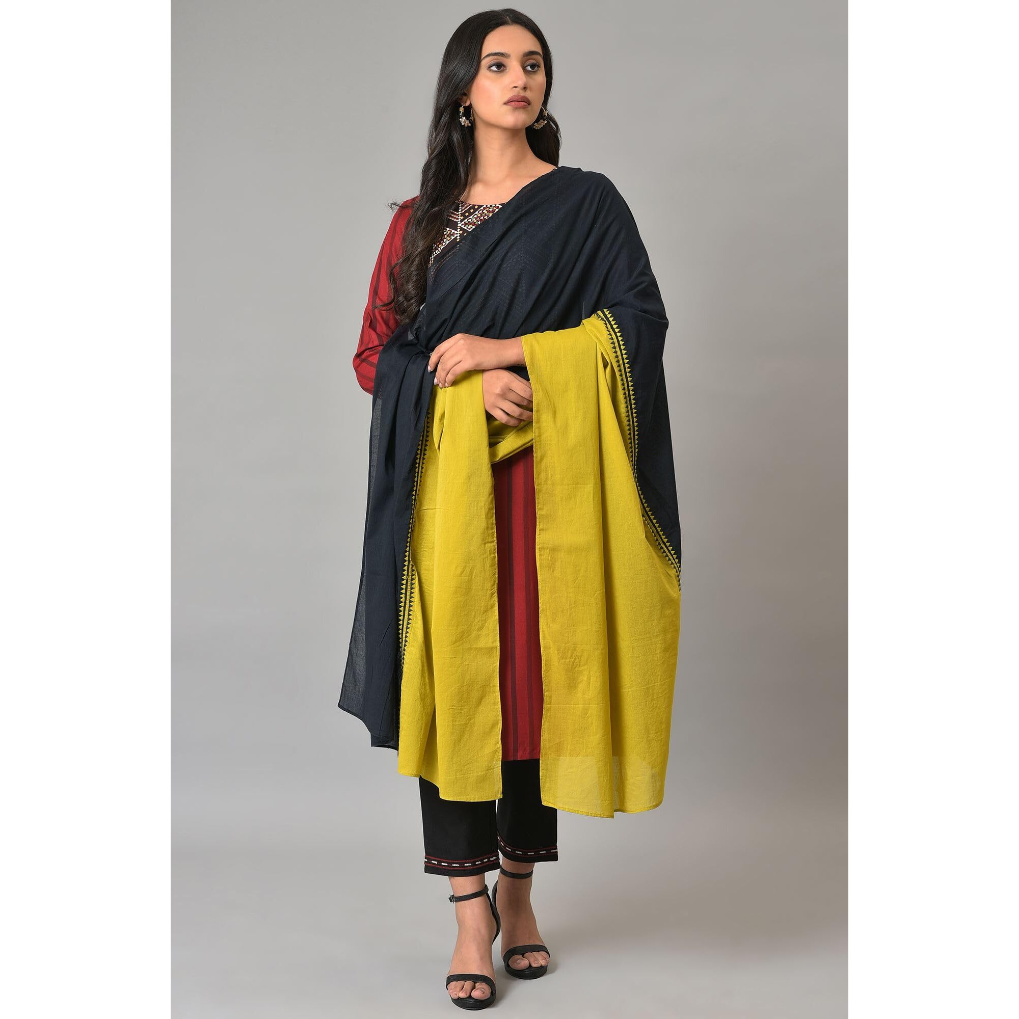 W For Woman Women Silk Green And Black Colour Block Dupatta, Free Size