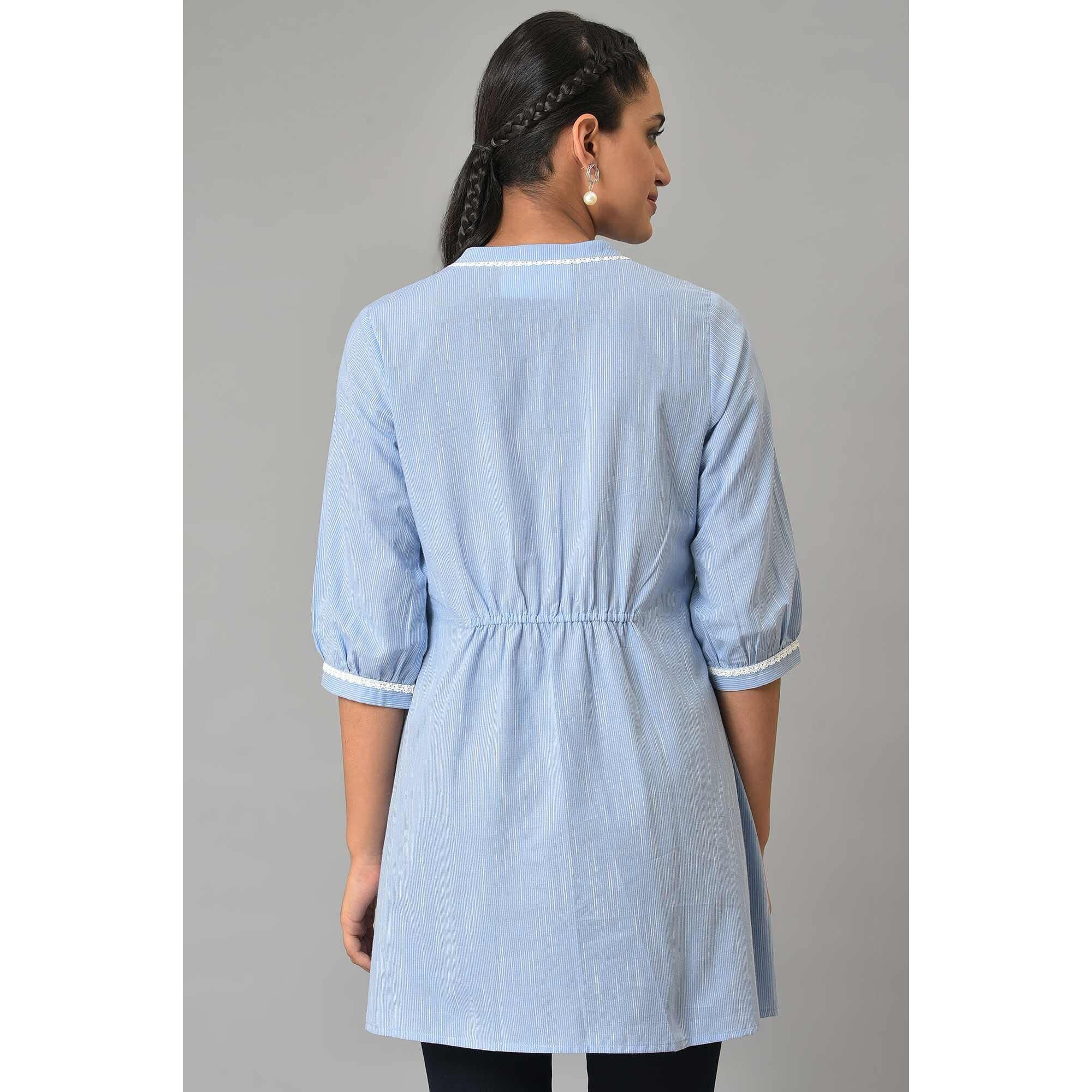 Aurelia Blue Striped Cotton Regular Kurti For Women