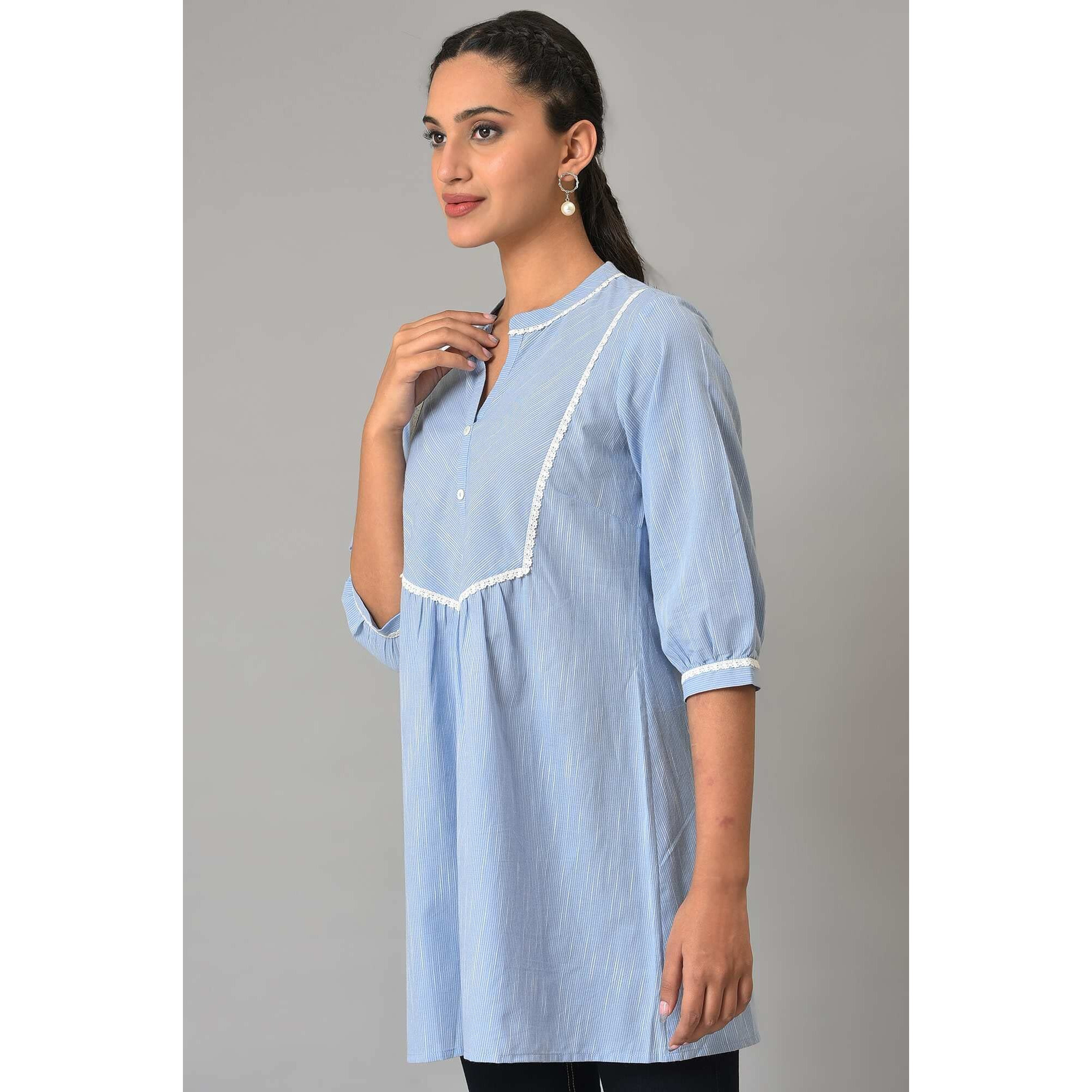 Aurelia Blue Striped Cotton Regular Kurti For Women