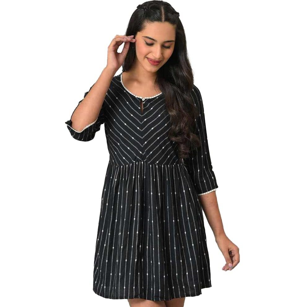 Aurelia Women's Rayon Solid Regular Black Dobby Fit And Flare Kurti (23Fea30317-701933