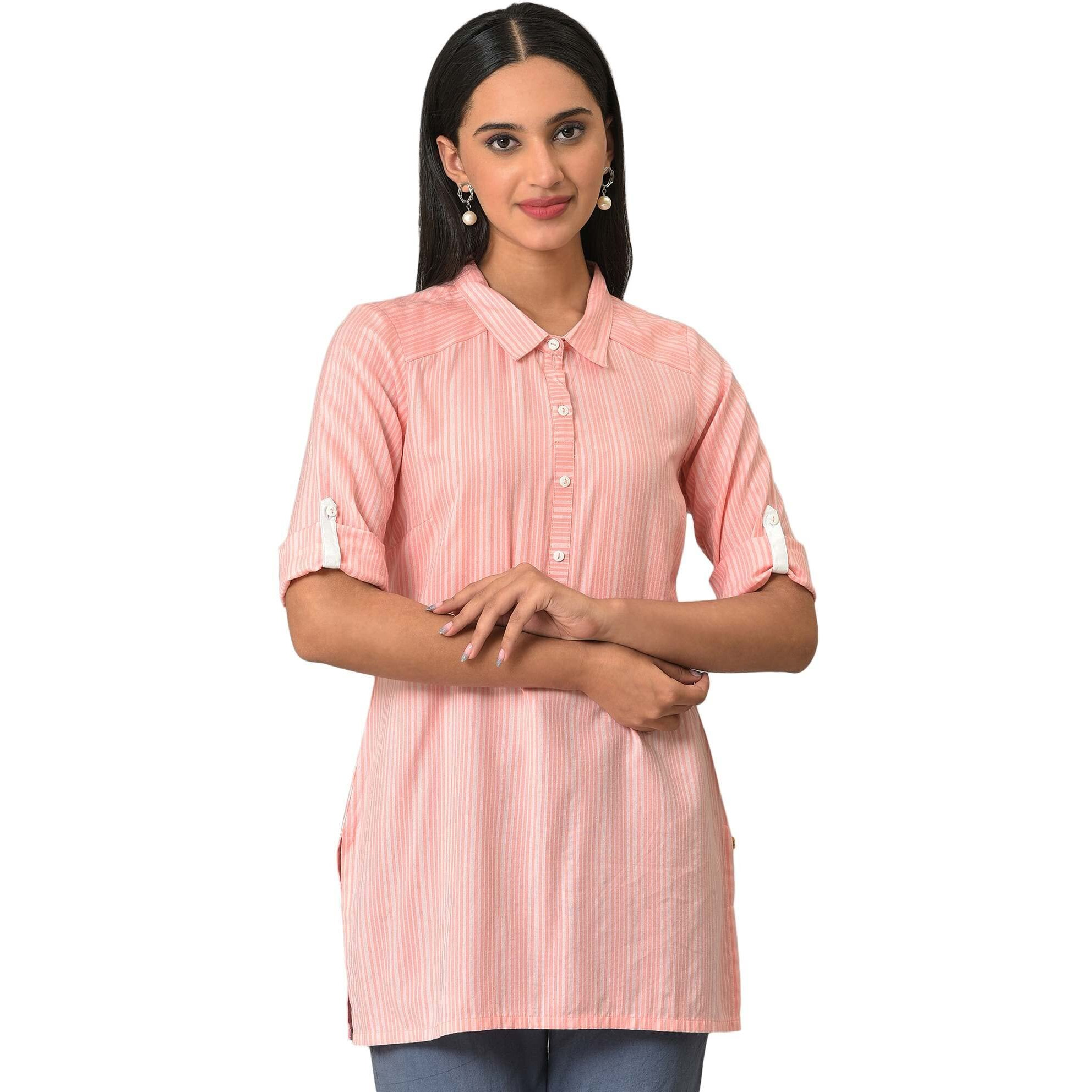 Aurelia Womens Stripes Printed Straight Kurti | Band Collar Kurti For Women | Stripes Printed Kurti For Women | Beautiful Regular Fit Kurti For Women Peach