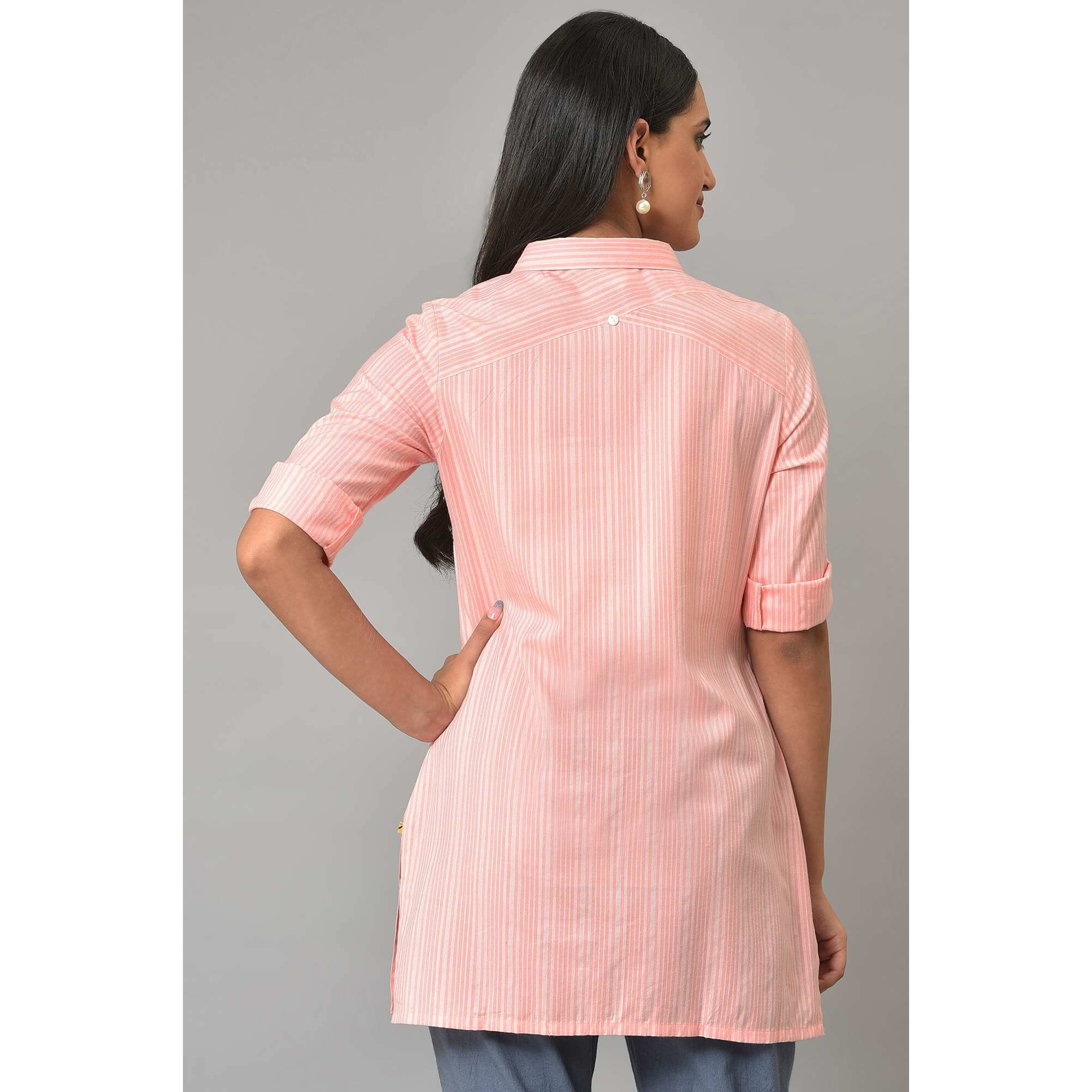 Aurelia Womens Stripes Printed Straight Kurti | Band Collar Kurti For Women | Stripes Printed Kurti For Women | Beautiful Regular Fit Kurti For Women Peach