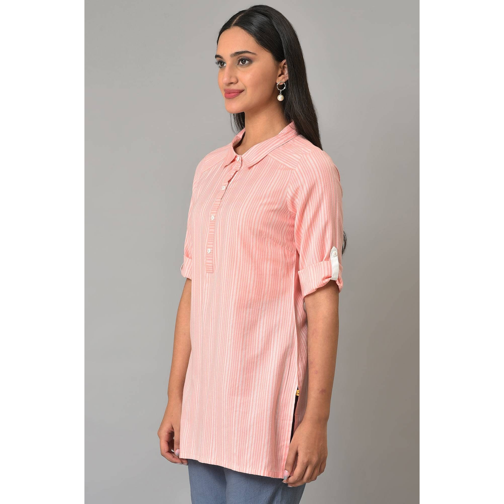 Aurelia Womens Stripes Printed Straight Kurti | Band Collar Kurti For Women | Stripes Printed Kurti For Women | Beautiful Regular Fit Kurti For Women Peach