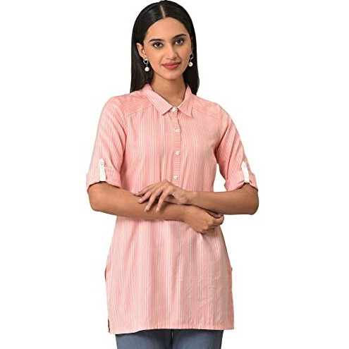 Aurelia Womens Stripes Printed Straight Kurti | Band Collar Kurti For Women | Stripes Printed Kurti For Women | Beautiful Regular Fit Kurti For Women Peach