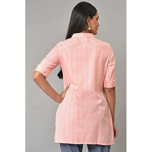 Aurelia Womens Stripes Printed Straight Kurti | Band Collar Kurti For Women | Stripes Printed Kurti For Women | Beautiful Regular Fit Kurti For Women Peach
