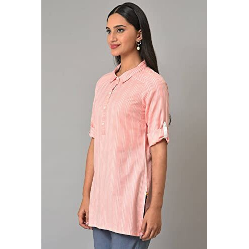 Aurelia Womens Stripes Printed Straight Kurti | Band Collar Kurti For Women | Stripes Printed Kurti For Women | Beautiful Regular Fit Kurti For Women Peach