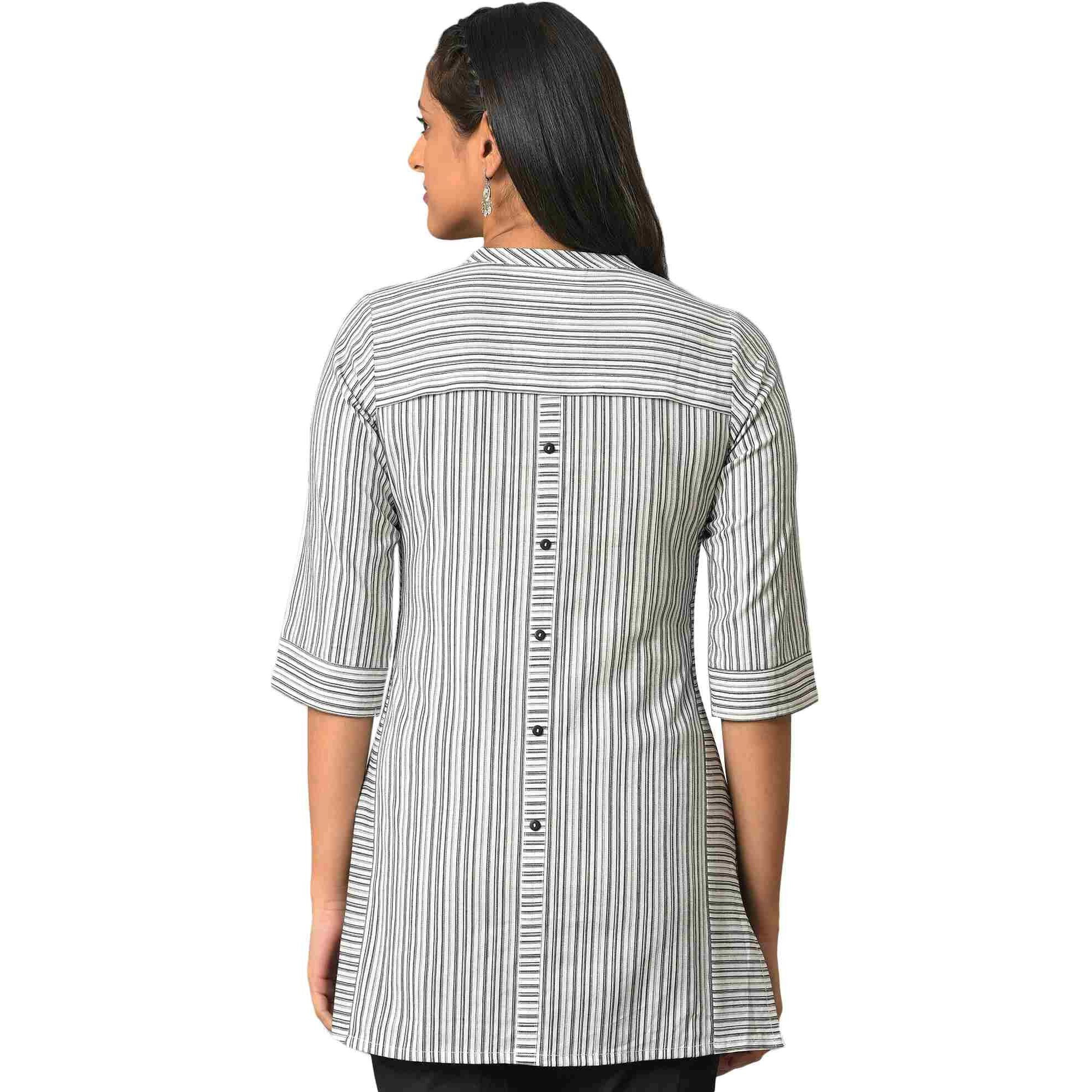 White Striped Collar Band With V-Slit Kurti