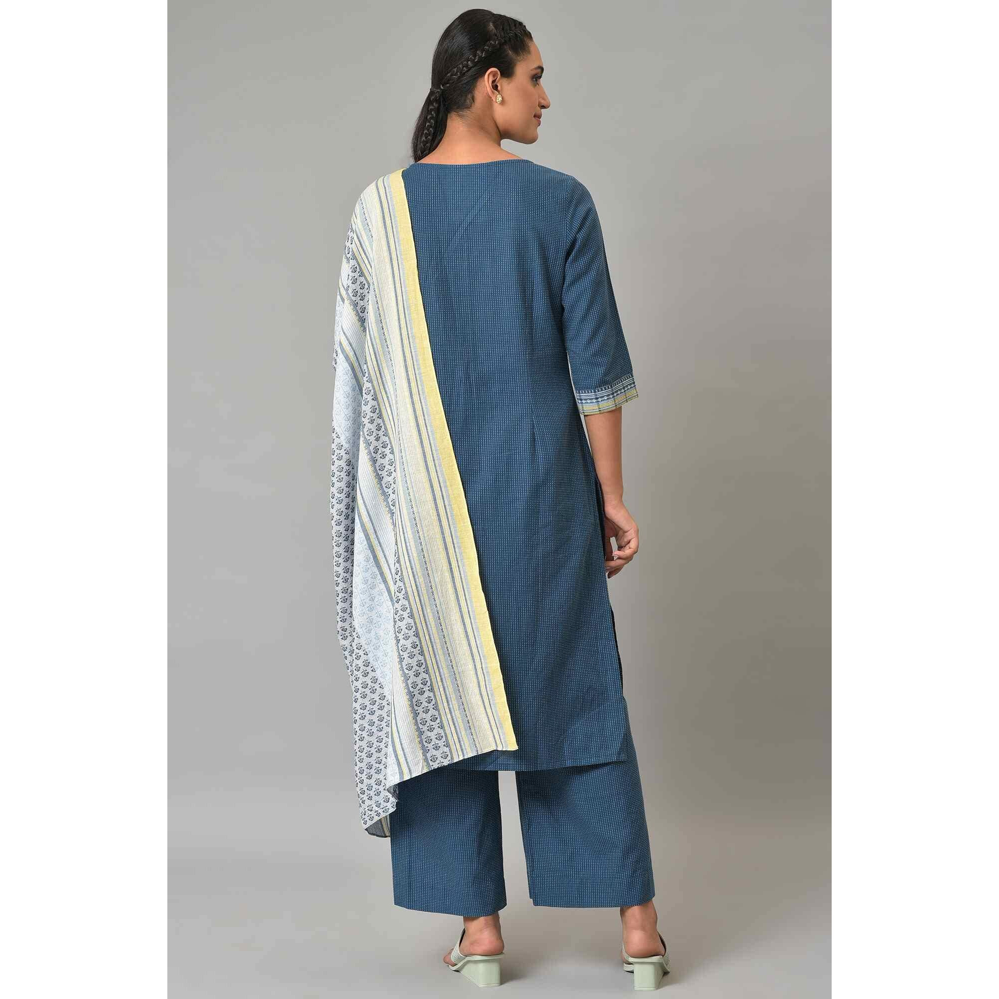 Aurelia Geometric Printed Cotton Navy Kurta Dupatta Bottomwear Set For Women