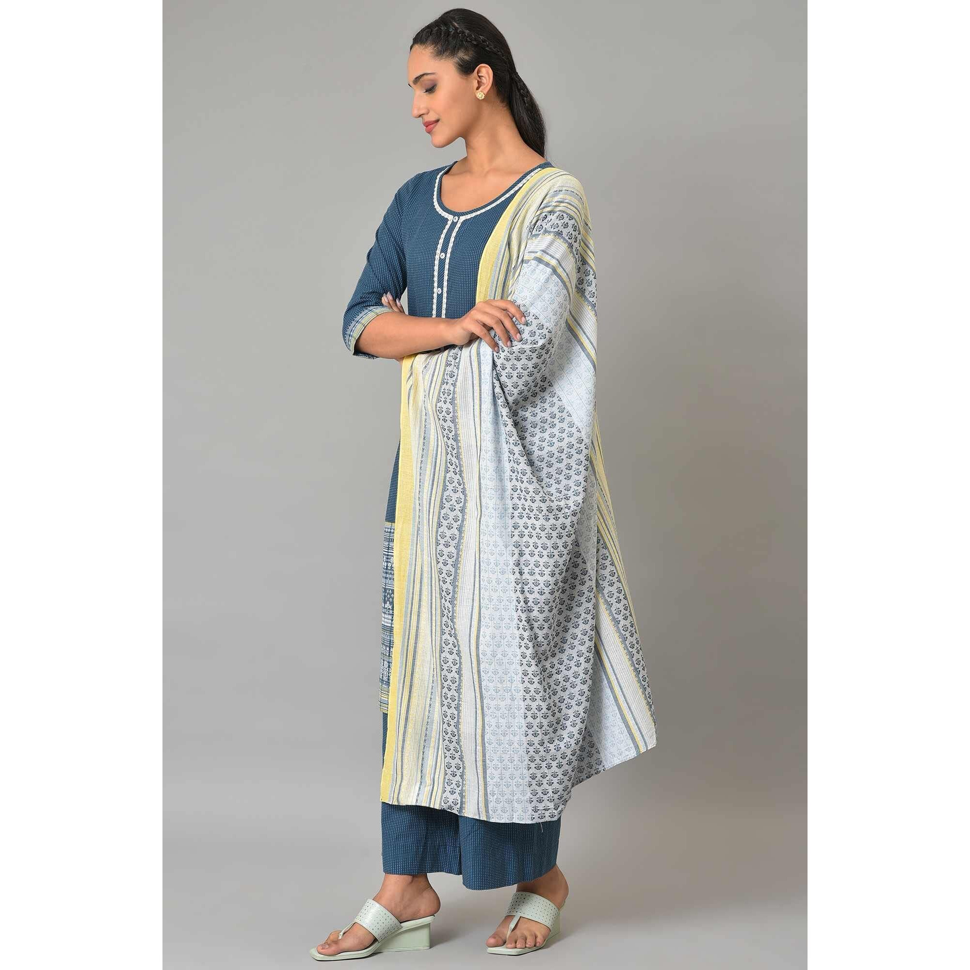 Aurelia Geometric Printed Cotton Navy Kurta Dupatta Bottomwear Set For Women
