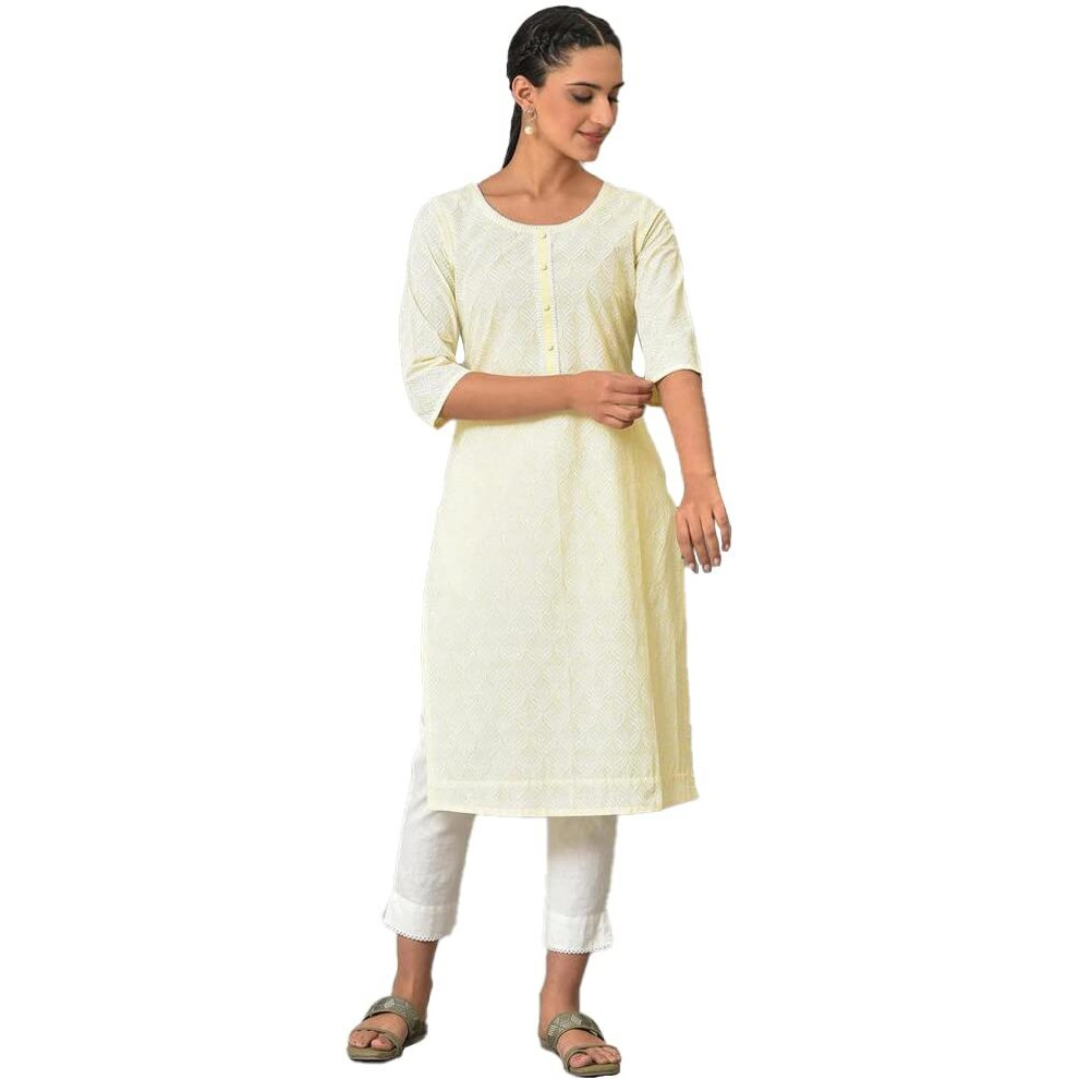 Aurelia Women's Floral Regular Yellow Printed Cotton Kurta (23Fea13902-506703