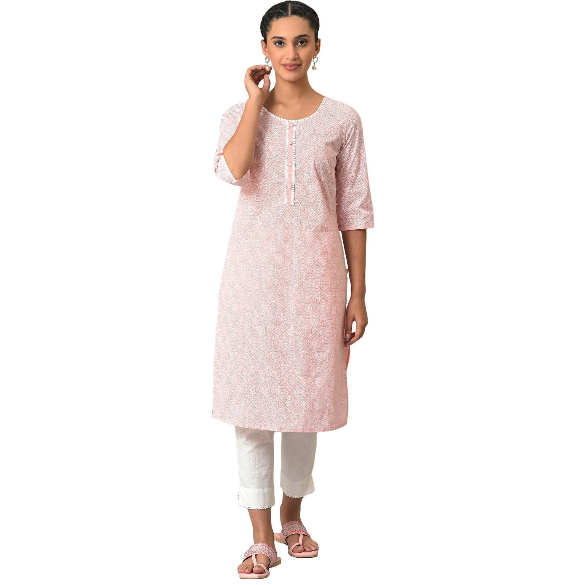 Pink Printed Cotton Kurta