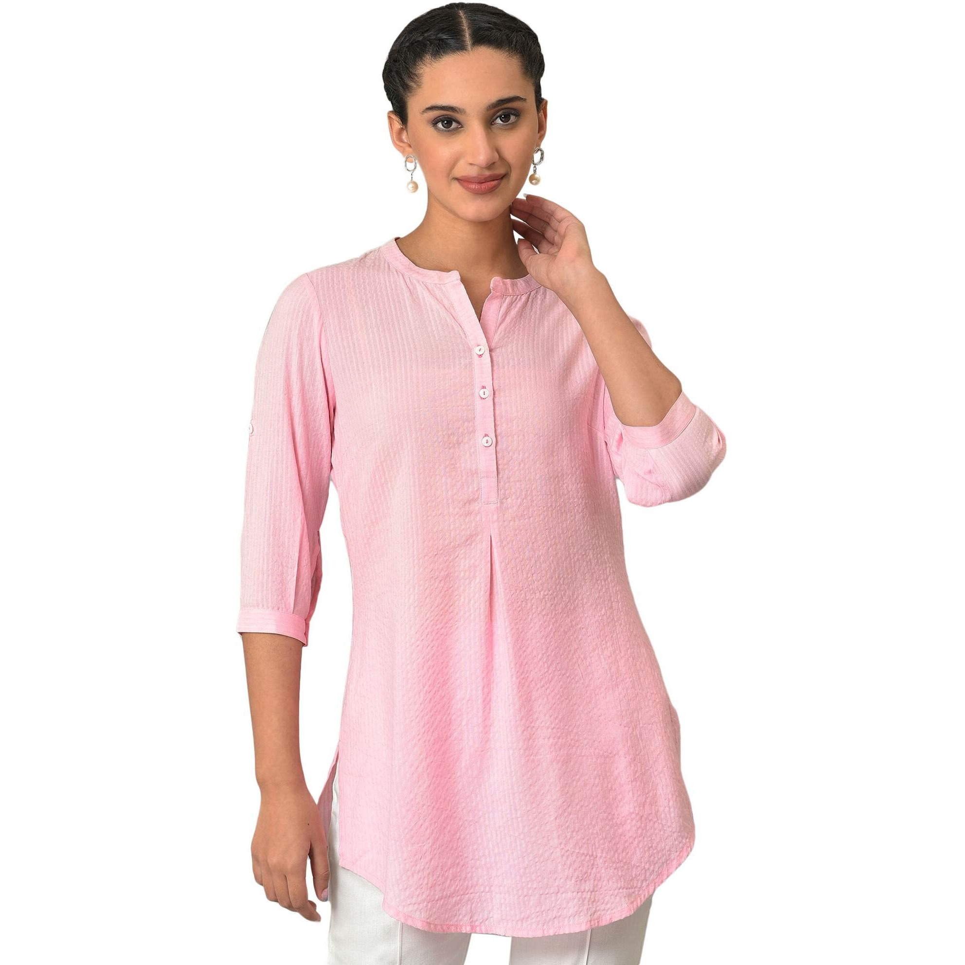 Aurelia Pink Textured Cotton-Rayon Blend Regular Kurti For Women