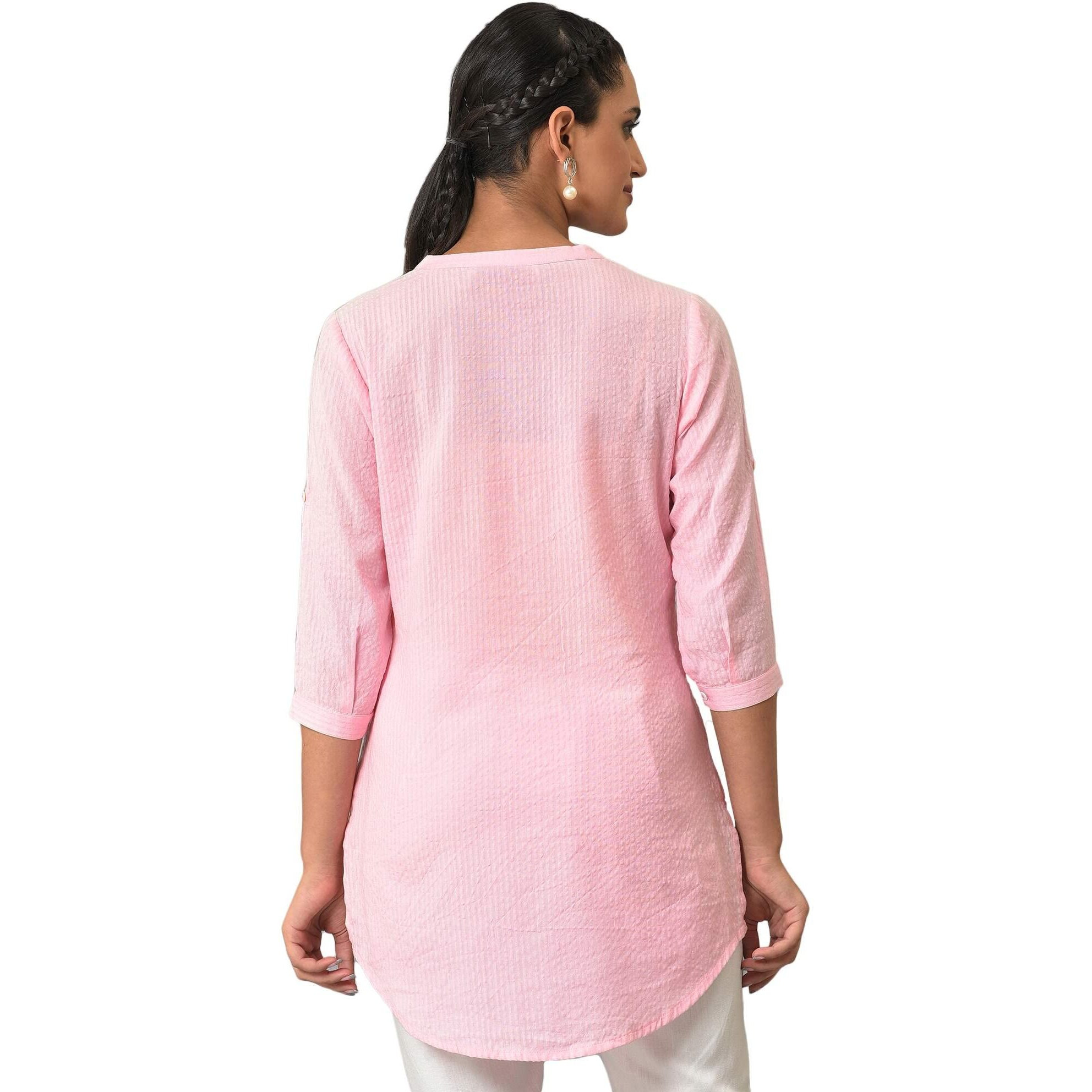 Aurelia Pink Textured Cotton-Rayon Blend Regular Kurti For Women
