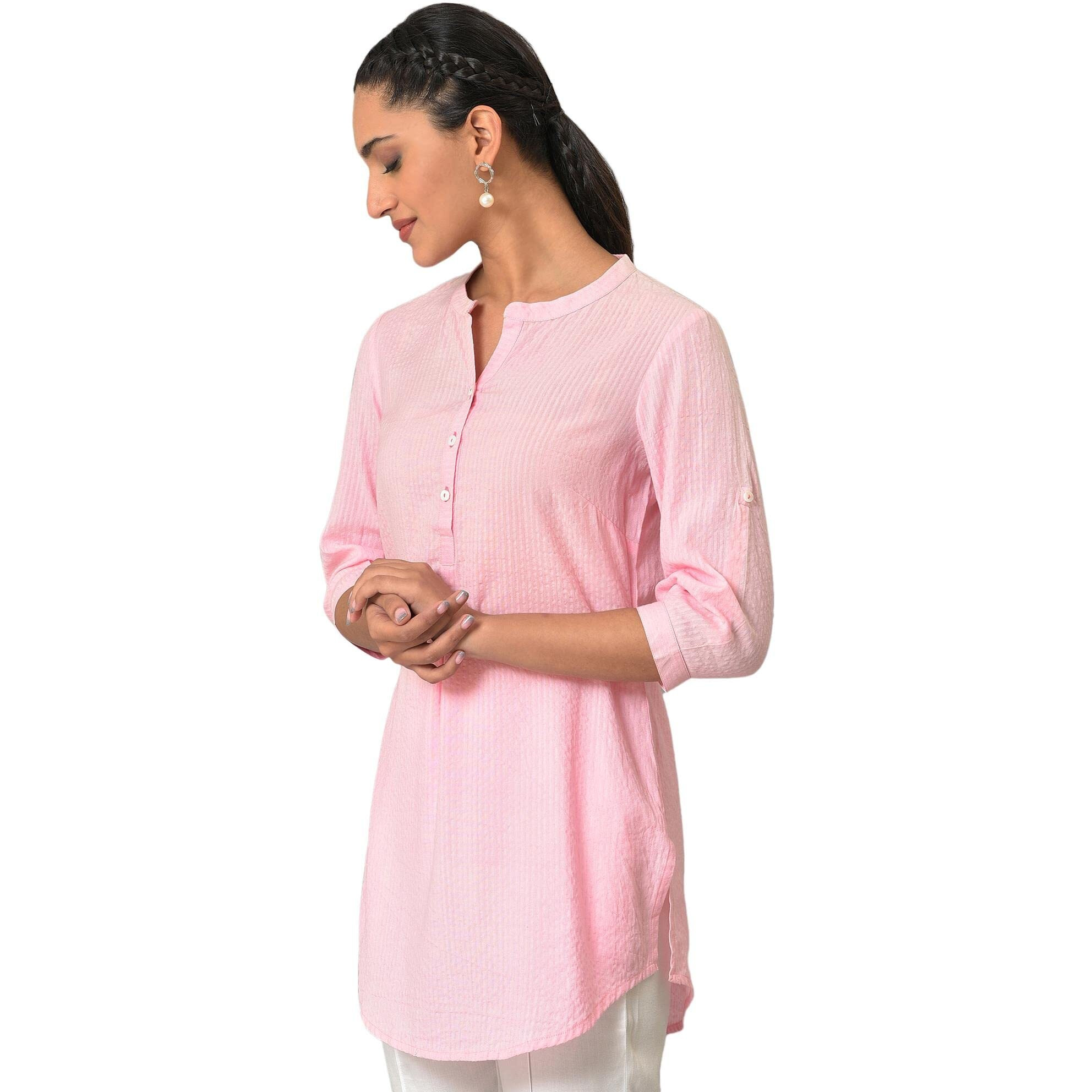 Aurelia Pink Textured Cotton-Rayon Blend Regular Kurti For Women