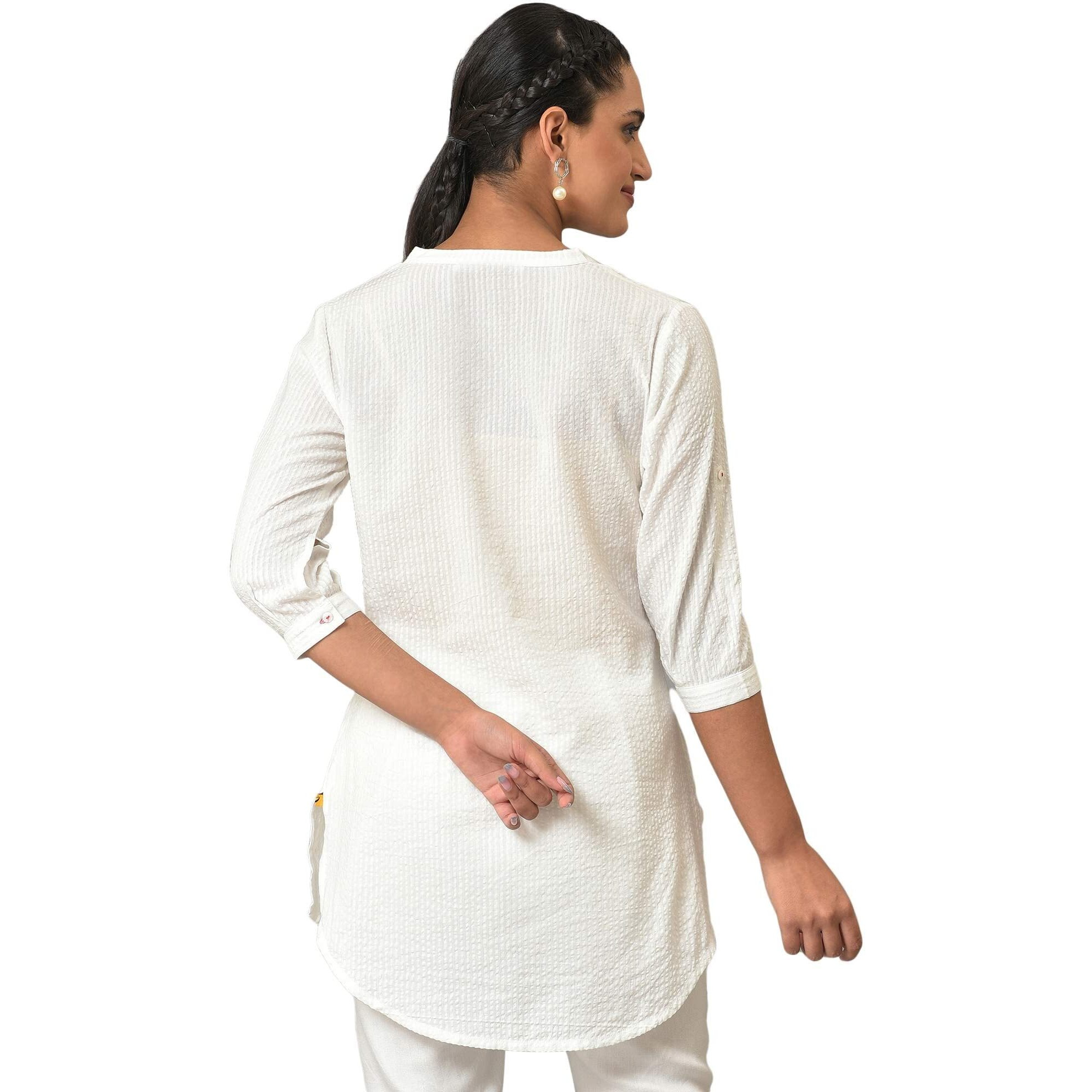 Aurelia White Textured Cotton Rayon Blend Regular Kurti For Women