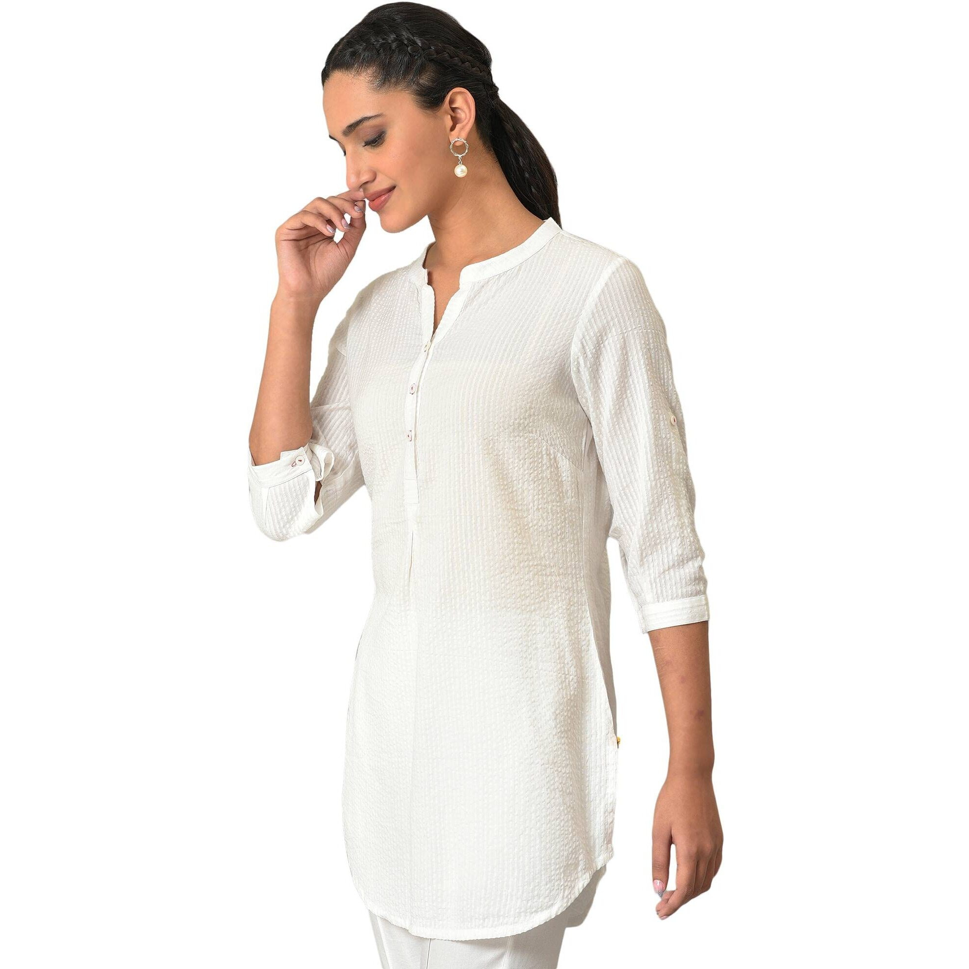 Aurelia White Textured Cotton Rayon Blend Regular Kurti For Women