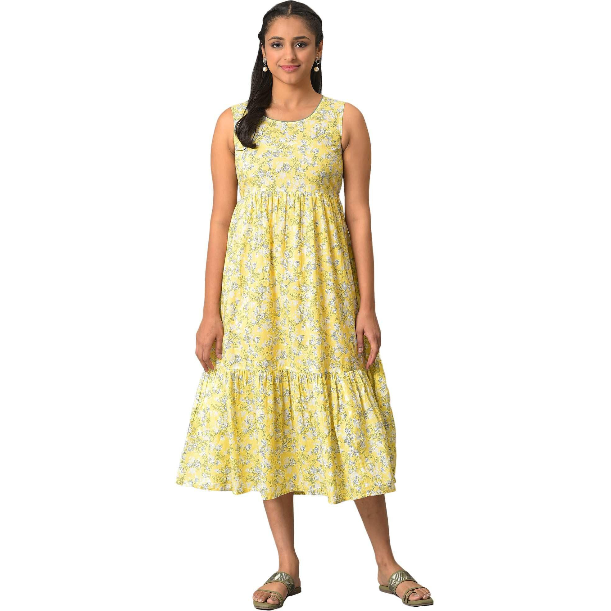 Aurelia Women's Cotton Fit And Flare Midi Dress (23Fea13888-506839_Yellow