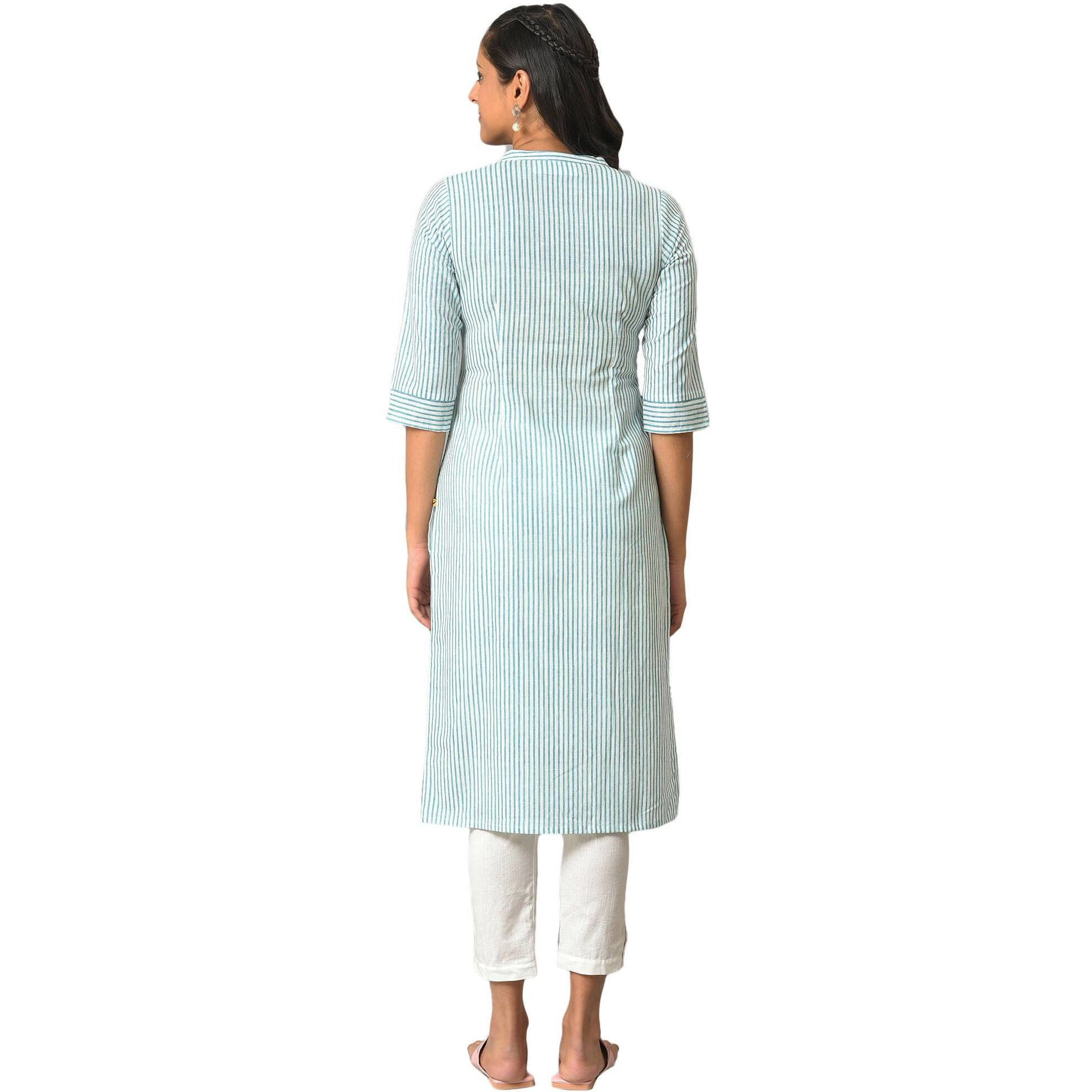 Aurelia Green Vertical Striped Cotton Regular Kurta