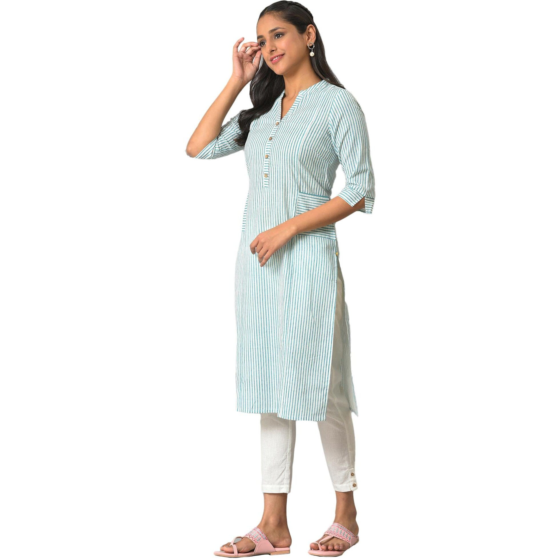 Aurelia Green Vertical Striped Cotton Regular Kurta