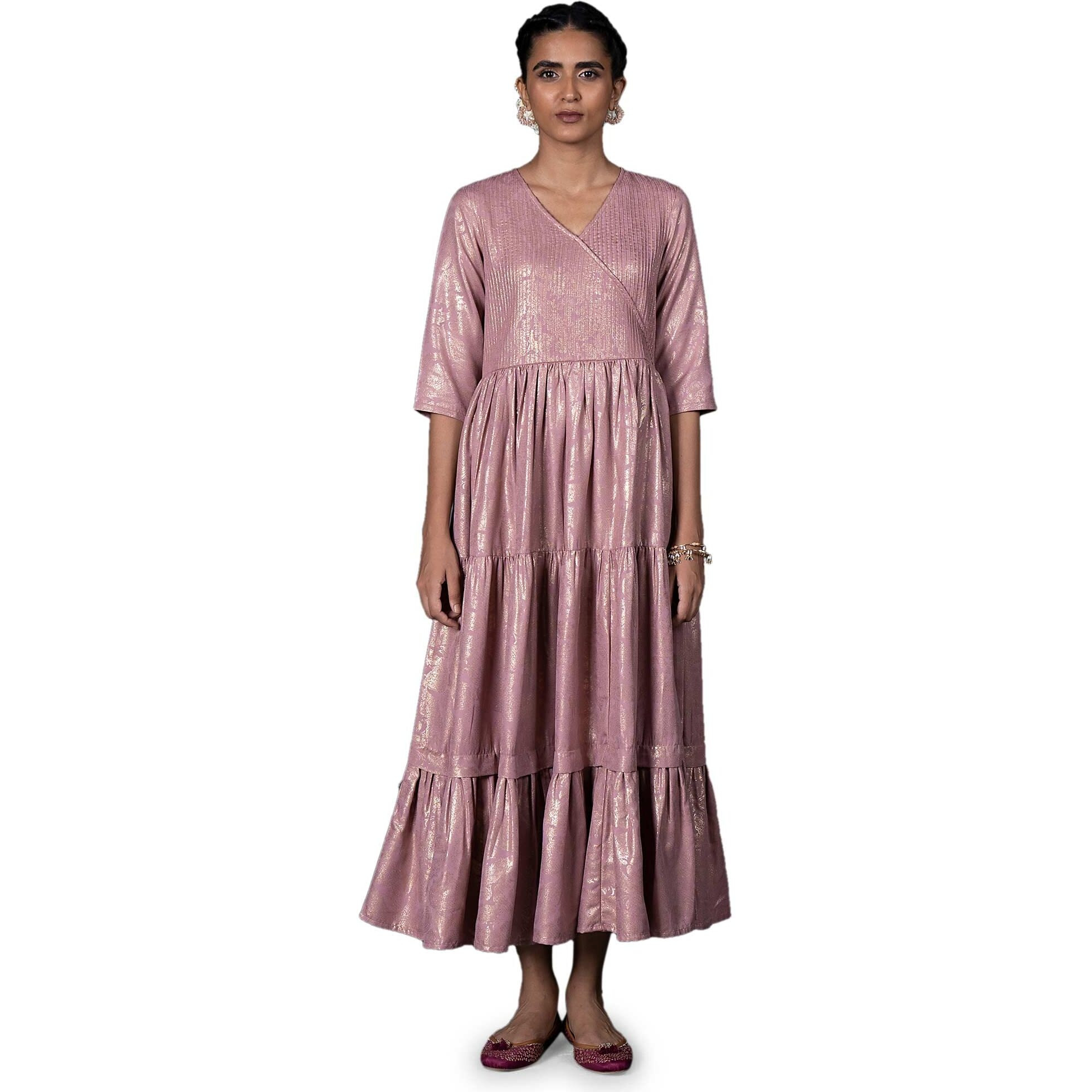 W For Woman Women's Polyester Light Purple Gold Printed Mock Angrakha Dress Maxi (22Auw19325-121621_Zephyr_Xs)