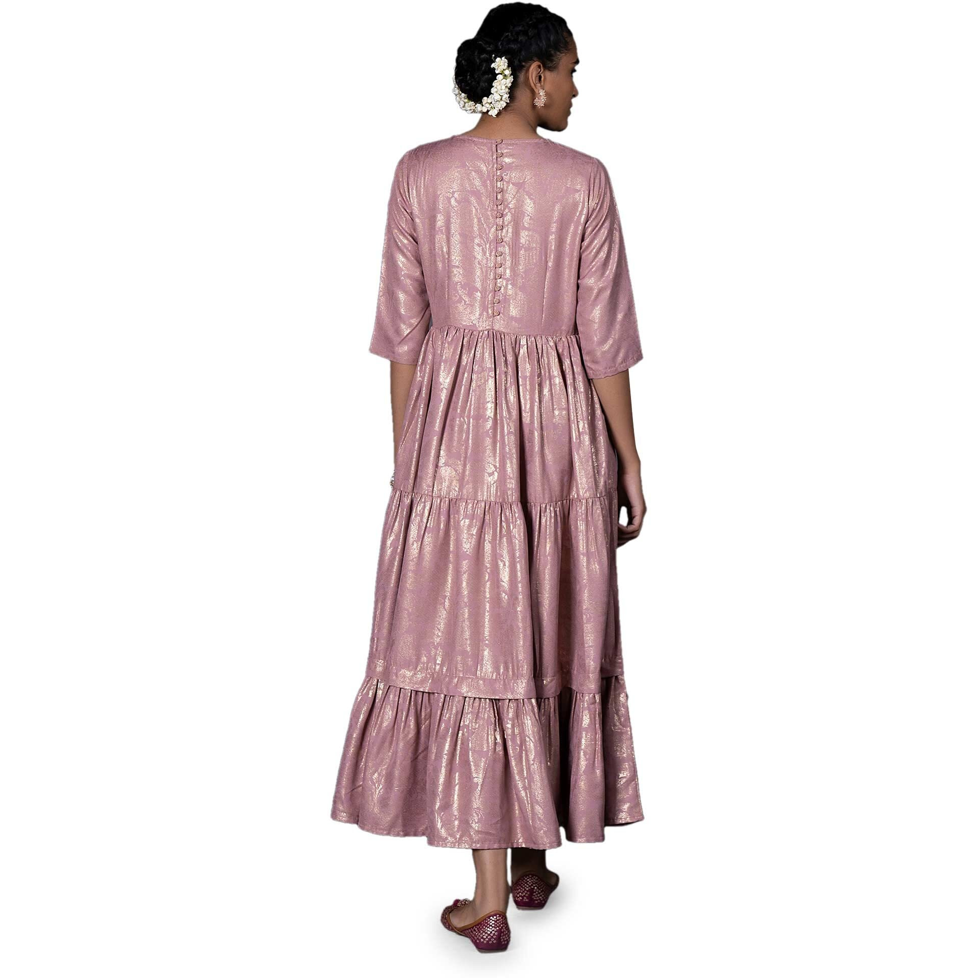 W For Woman Women's Polyester Light Purple Gold Printed Mock Angrakha Dress Maxi (22Auw19325-121621_Zephyr_Xs)
