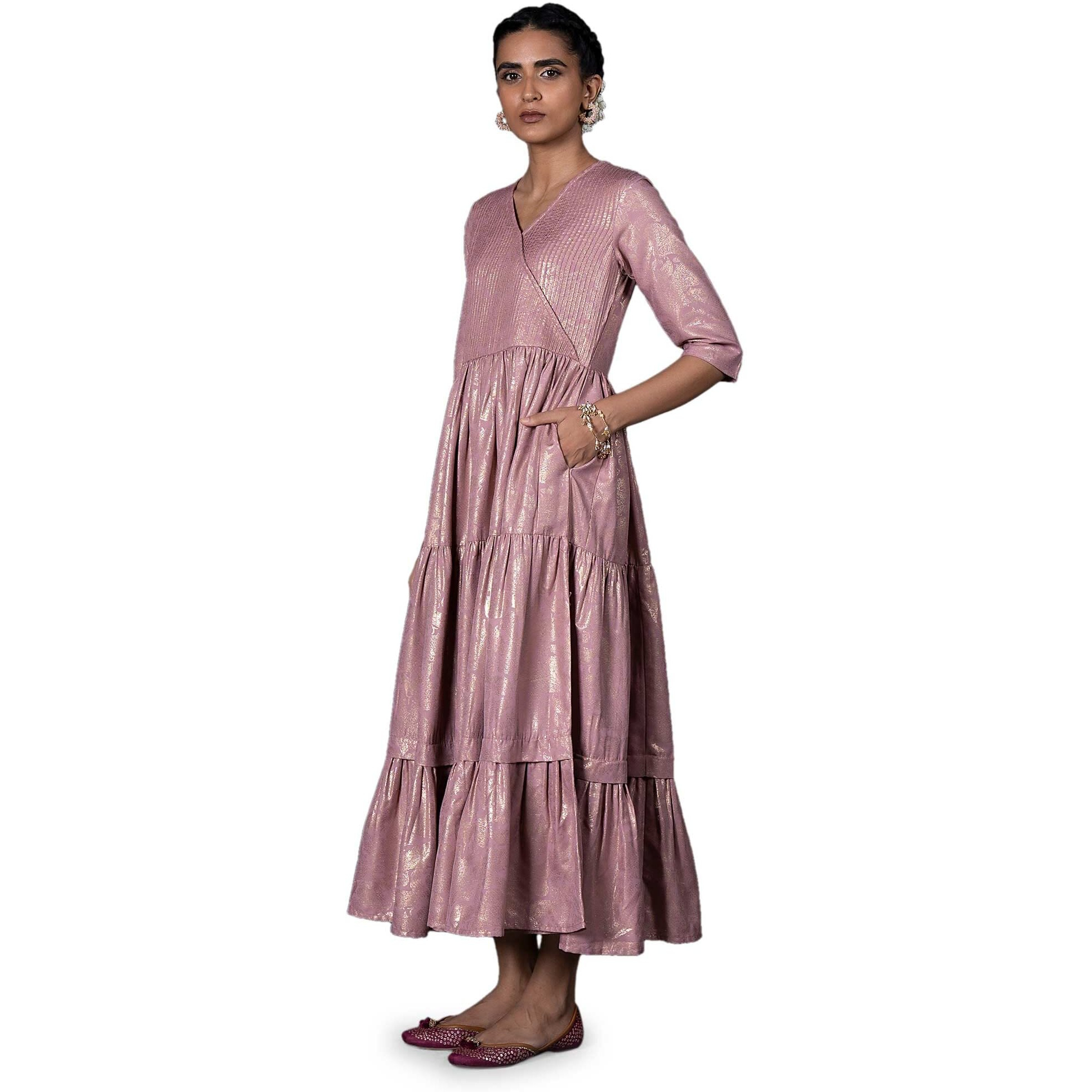 W For Woman Women's Polyester Light Purple Gold Printed Mock Angrakha Dress Maxi (22Auw19325-121621_Zephyr_Xs)