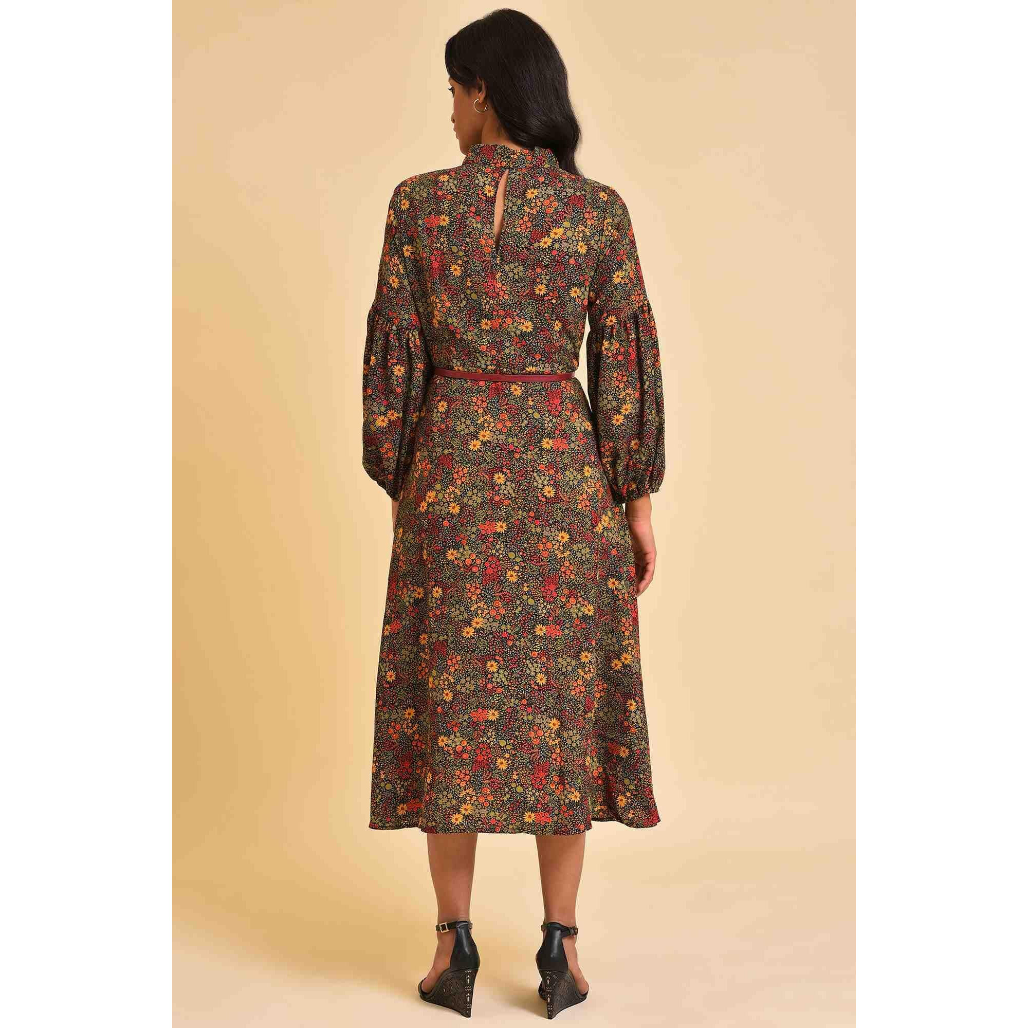 W For Woman Women's Polyester Bright Multi-Coloured Floral Print Dress Calf Length (23Few18816-810316 Multicolored_10)