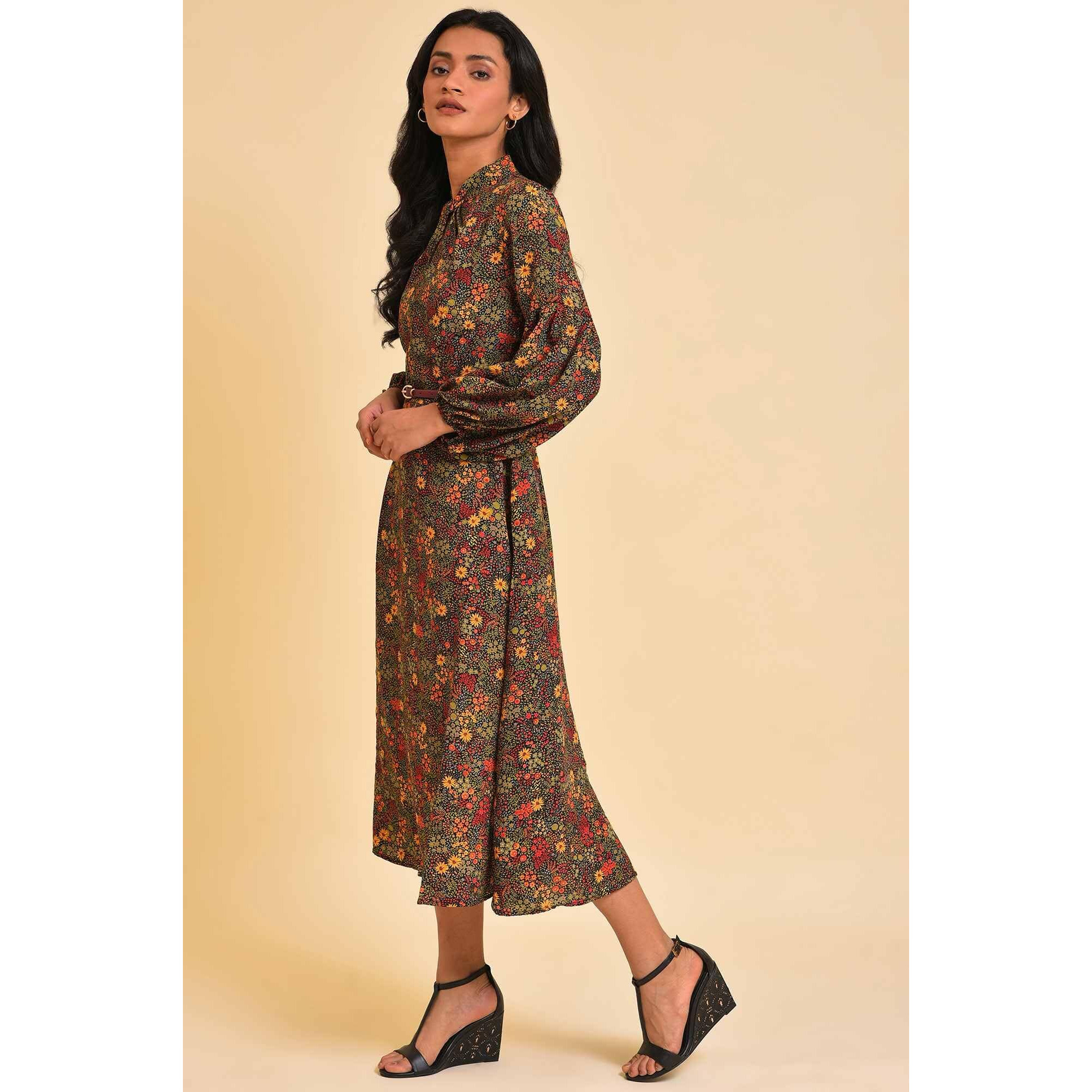 W For Woman Women's Polyester Bright Multi-Coloured Floral Print Dress Calf Length (23Few18816-810316 Multicolored_10)