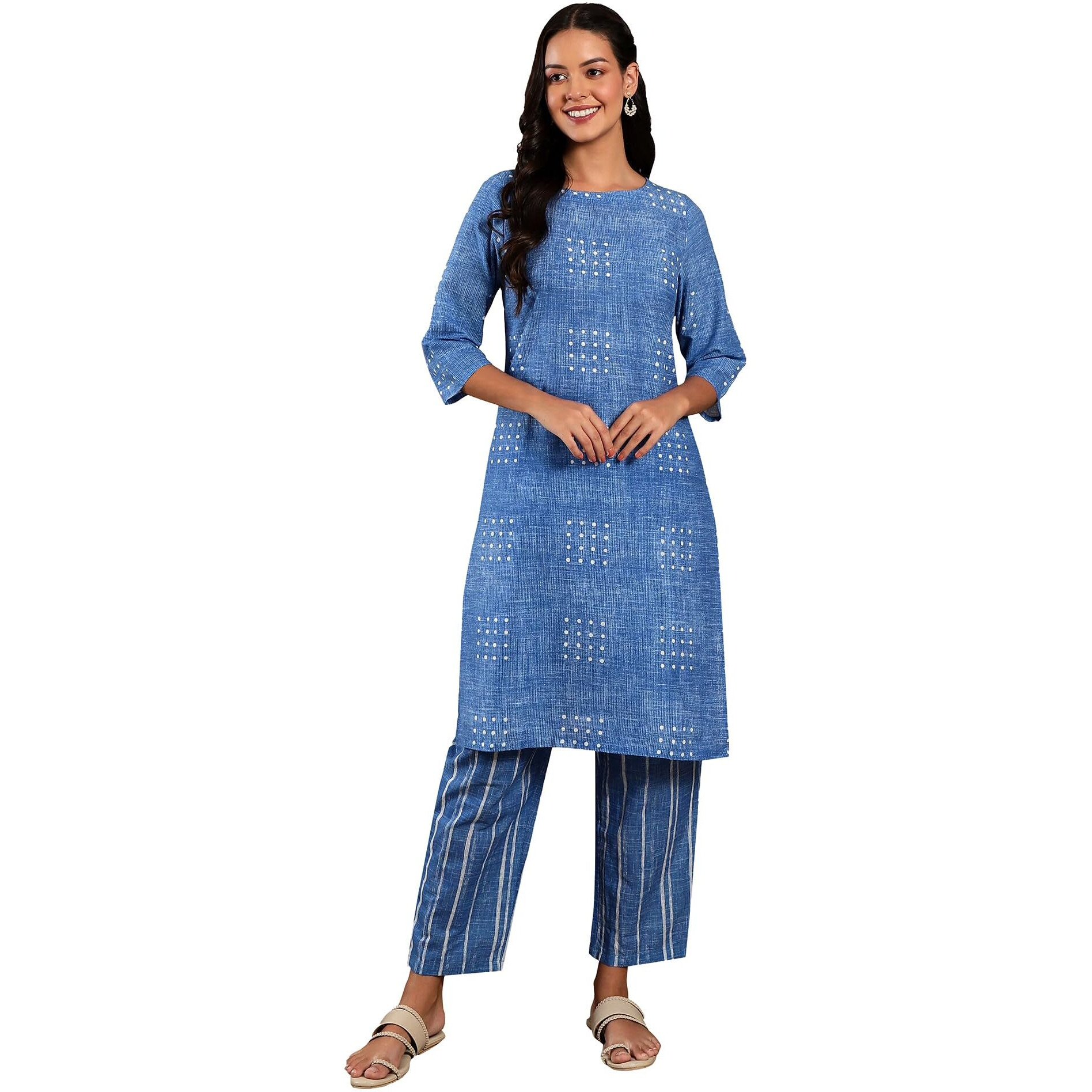 W For Woman Blue Polka Dot Printed Pure Cotton Straight Kurta And Pants Co-Ord Set