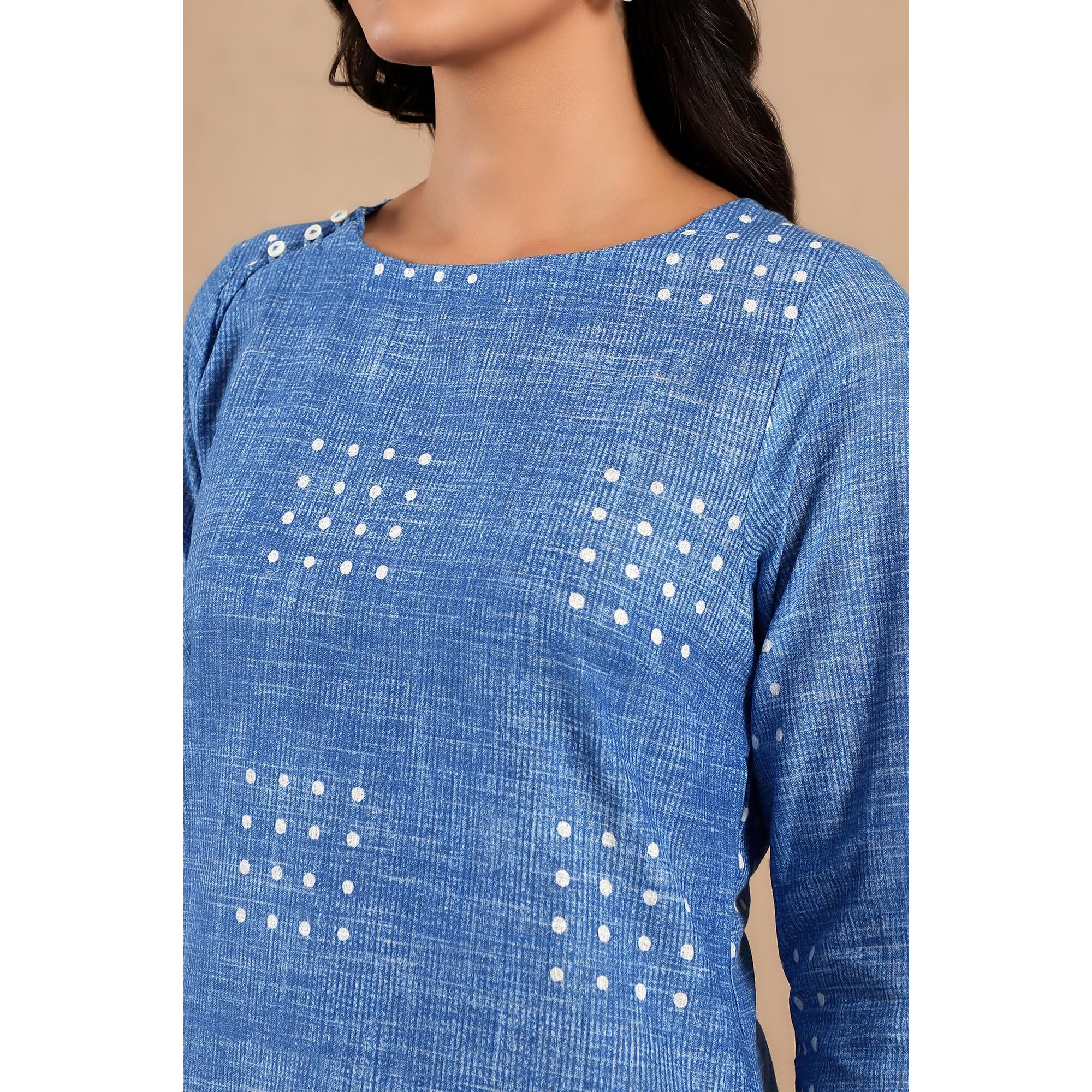 W For Woman Blue Polka Dot Printed Pure Cotton Straight Kurta And Pants Co-Ord Set