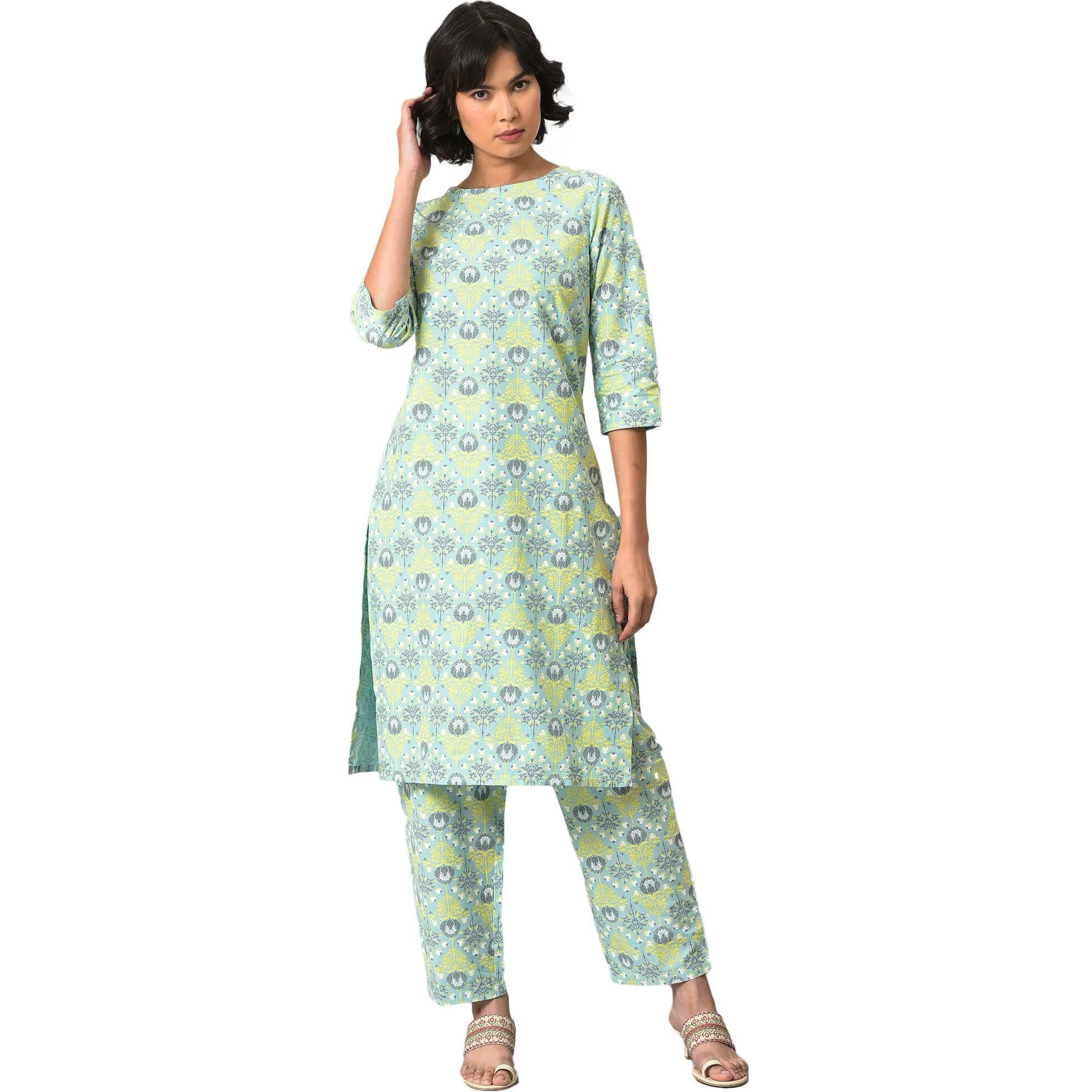 W For Woman Light Green Printed Kurta And Pants Co-Ord Set (Size Xs)-23Fews19417-121099