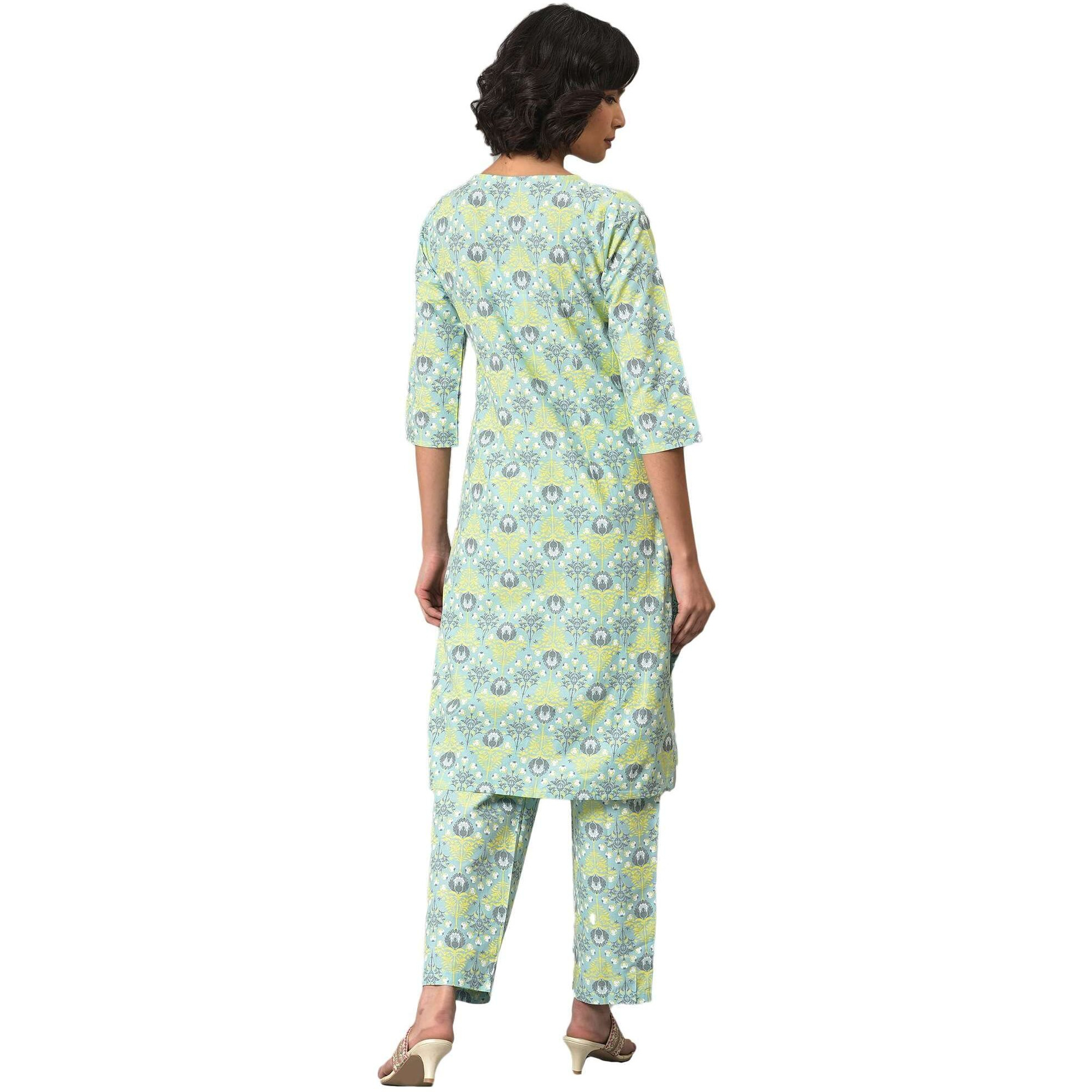 W For Woman Light Green Printed Kurta And Pants Co-Ord Set (Size Xs)-23Fews19417-121099