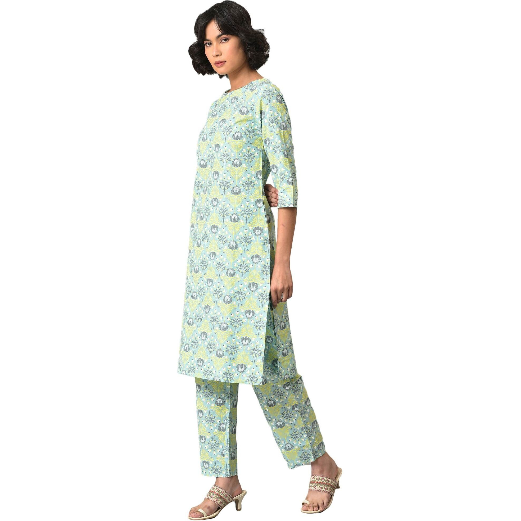 W For Woman Light Green Printed Kurta And Pants Co-Ord Set (Size Xs)-23Fews19417-121099