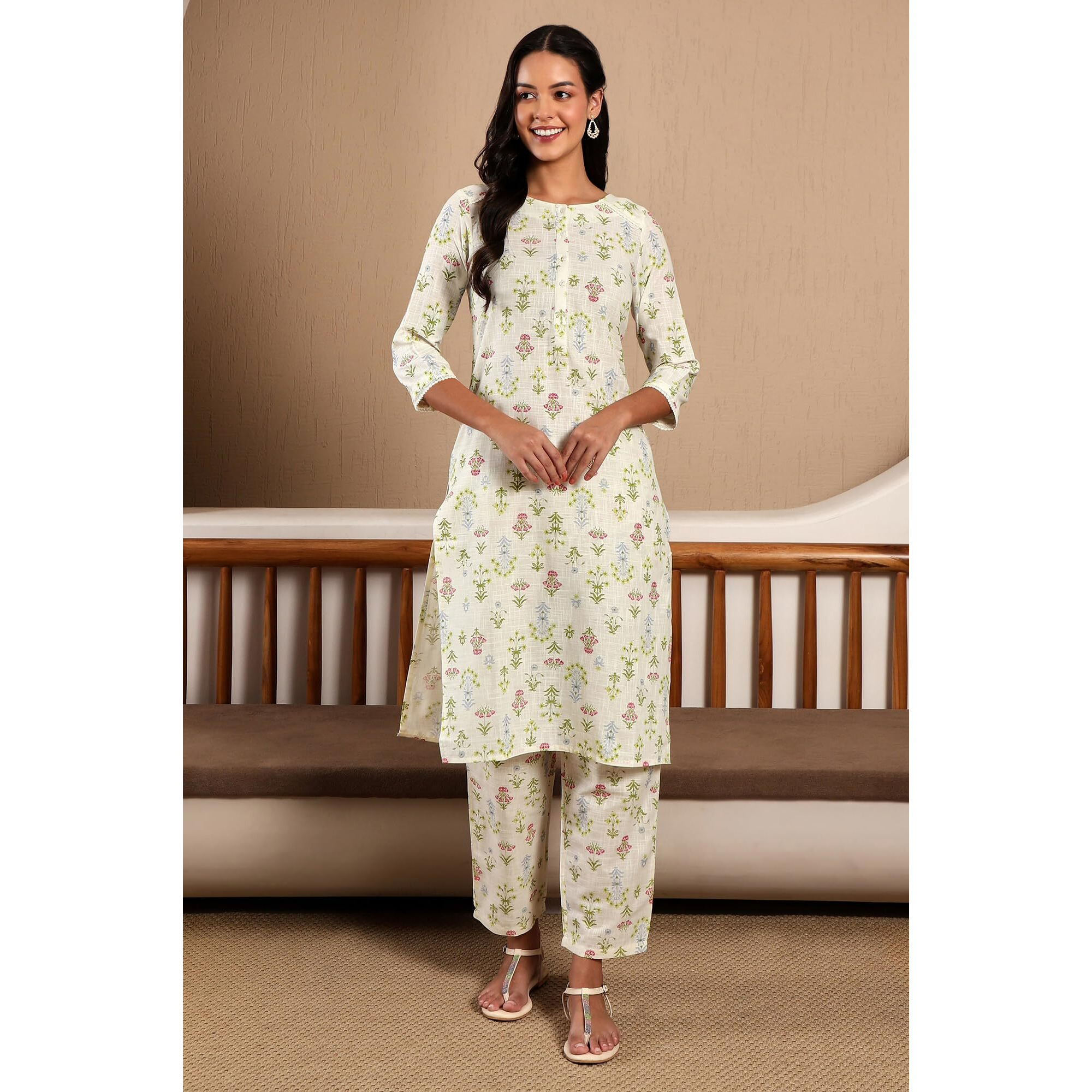 W Ecru Floral Printed Lace Cotton Kurta And Pant Set For Women