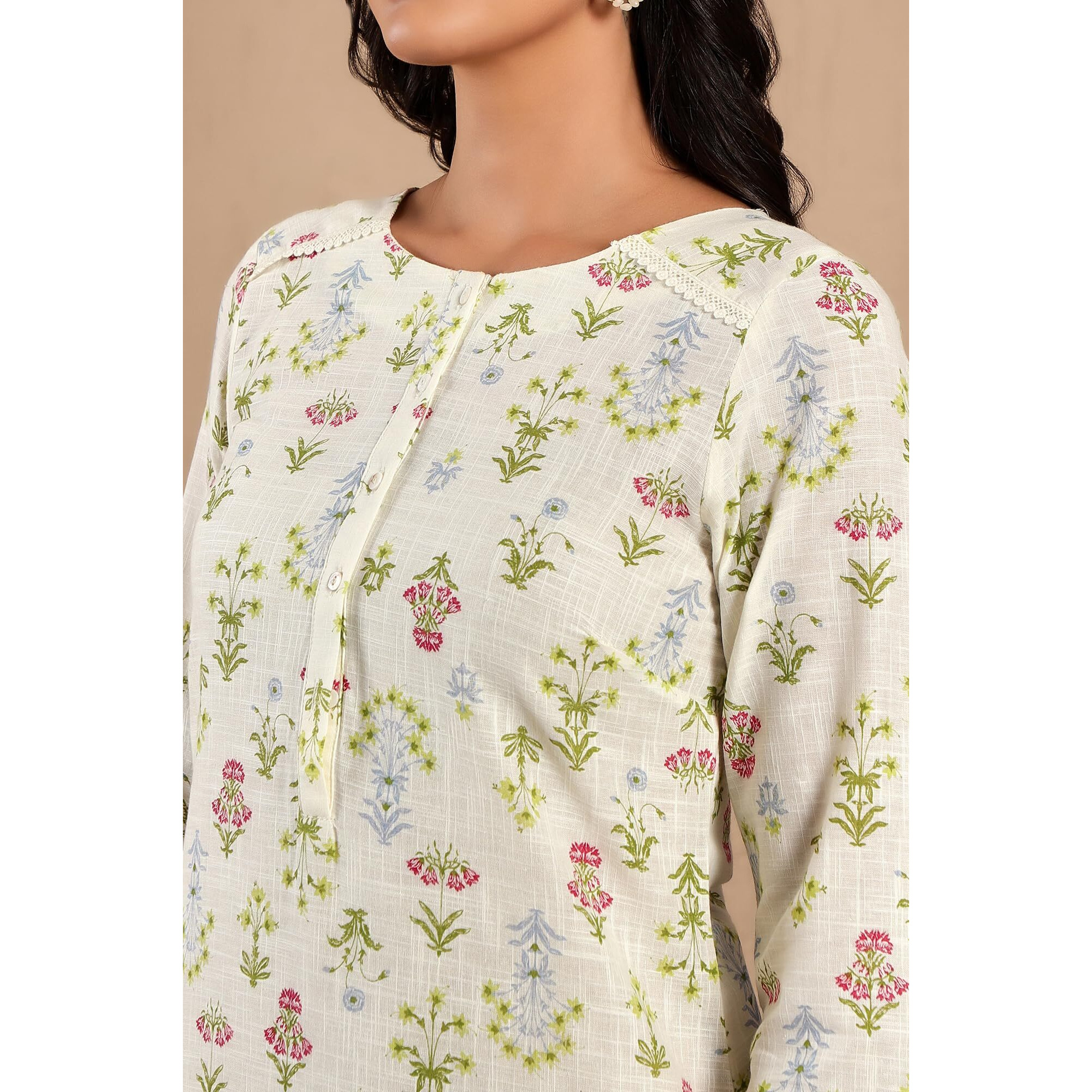 W Ecru Floral Printed Lace Cotton Kurta And Pant Set For Women