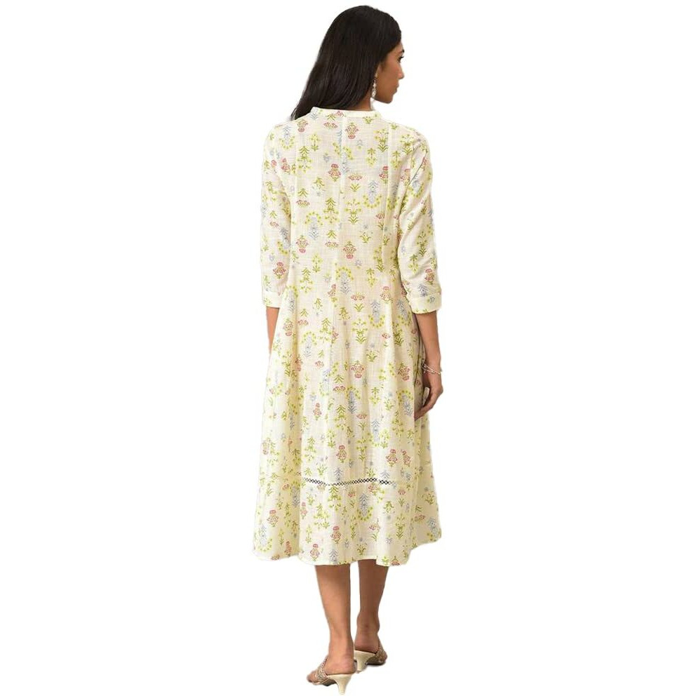 W For Woman Ecru Cotton Flared Dress With Multicoloured Floreal Print_23Few19432-121139_S