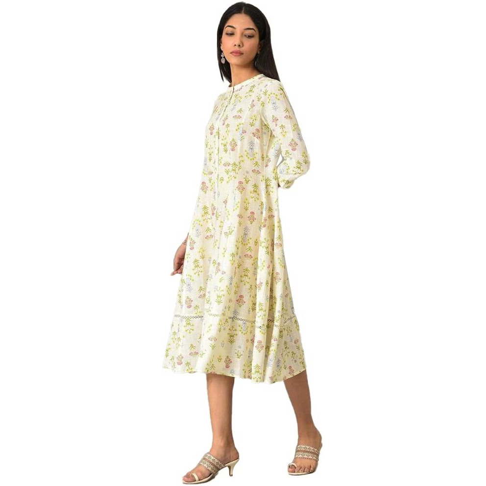 W For Woman Ecru Cotton Flared Dress With Multicoloured Floreal Print_23Few19432-121139_S