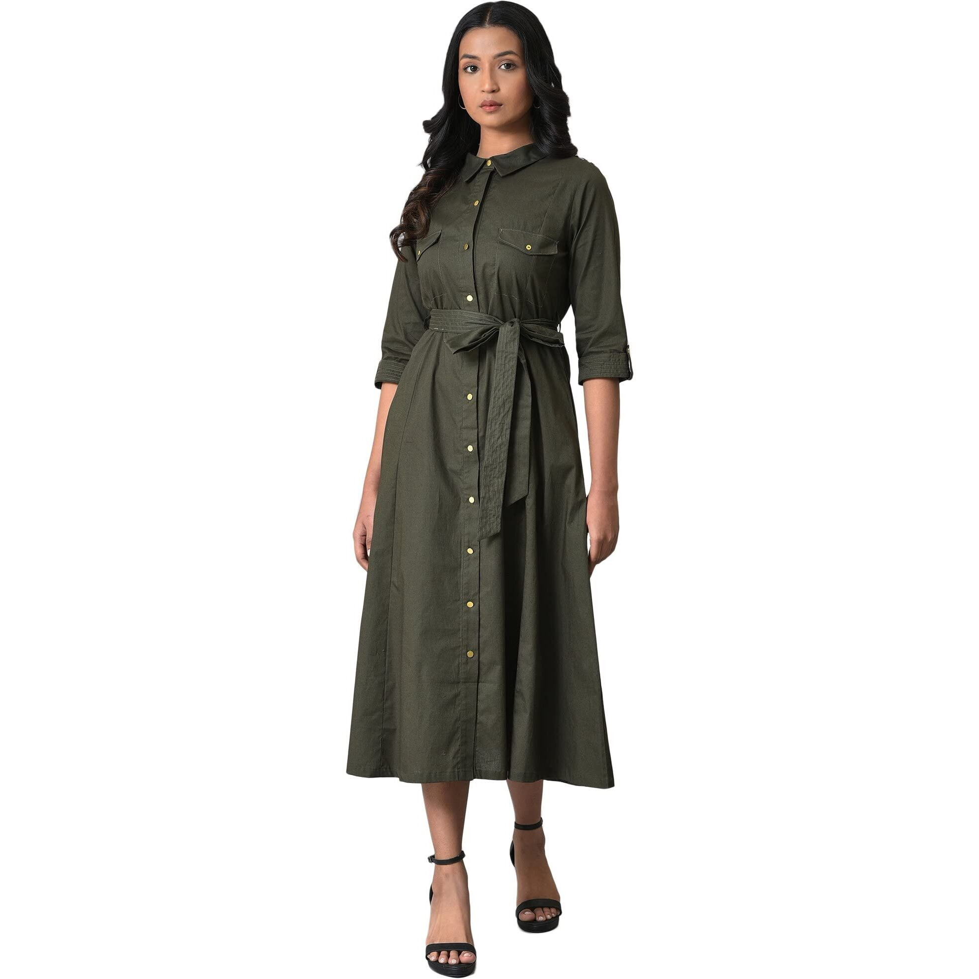W For Woman Cotton Olive Green Western Dress With Belt Calf Length (23Few19306-219034 6)