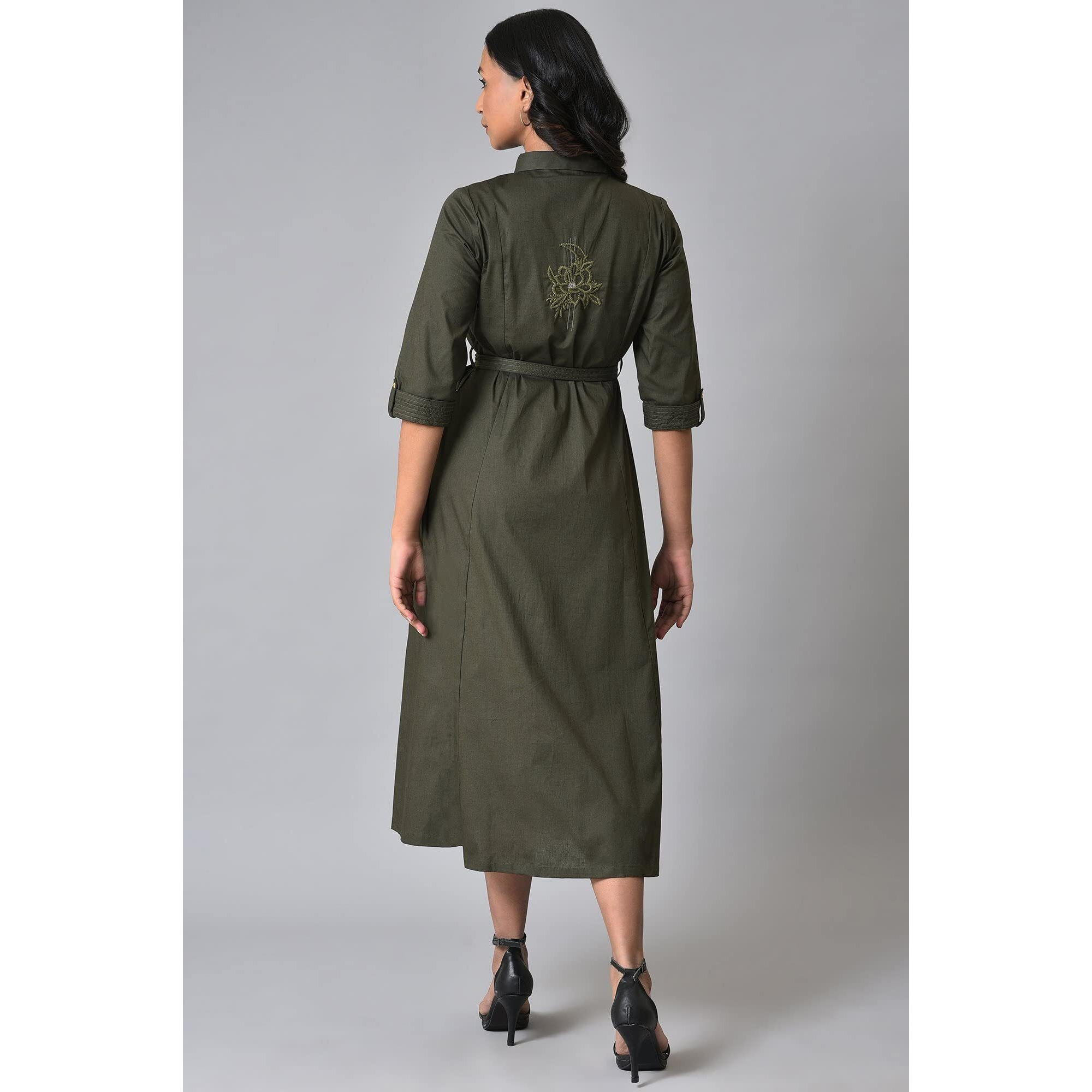 W For Woman Cotton Olive Green Western Dress With Belt Calf Length (23Few19306-219034 6)