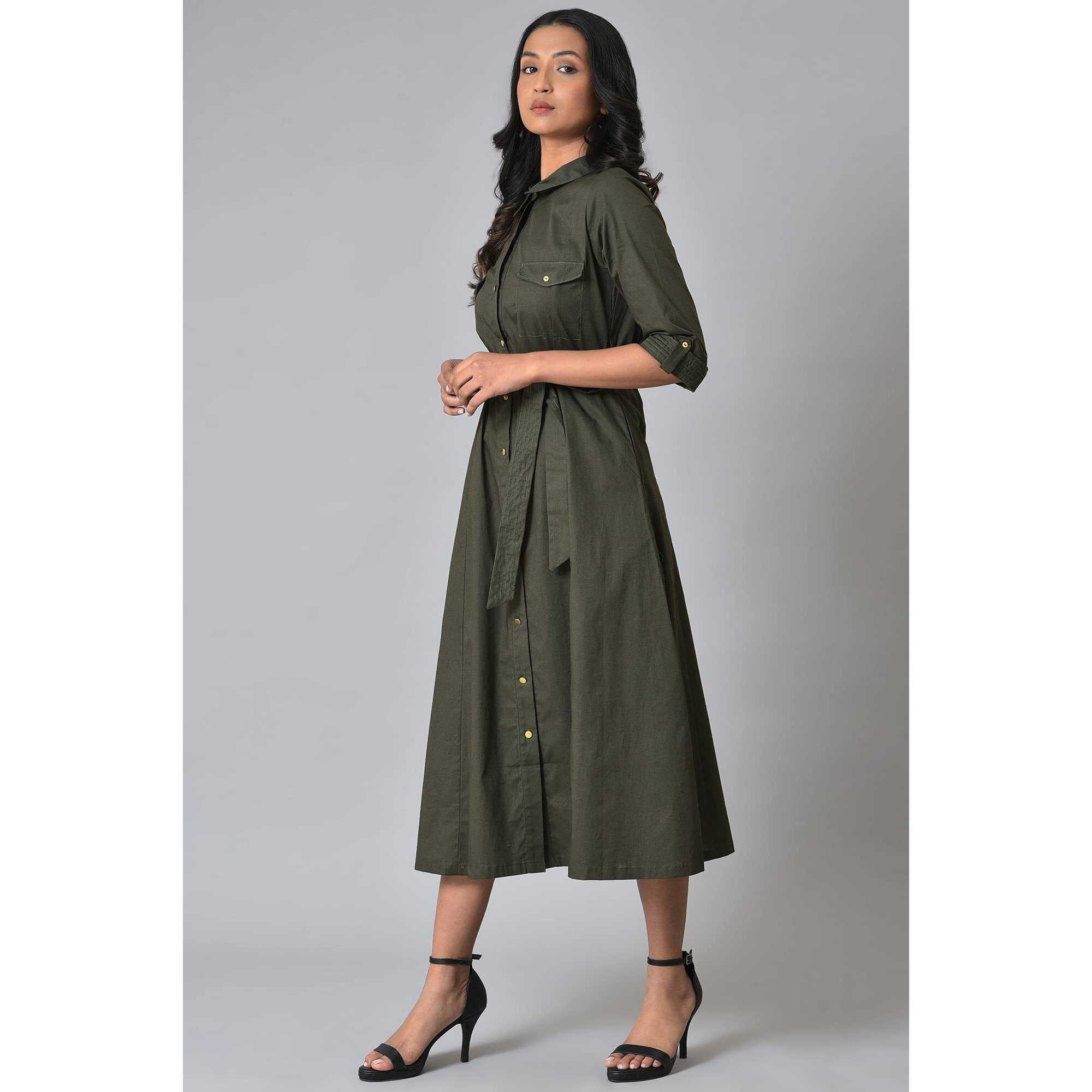 W For Woman Cotton Olive Green Western Dress With Belt Calf Length (23Few19306-219034 6)