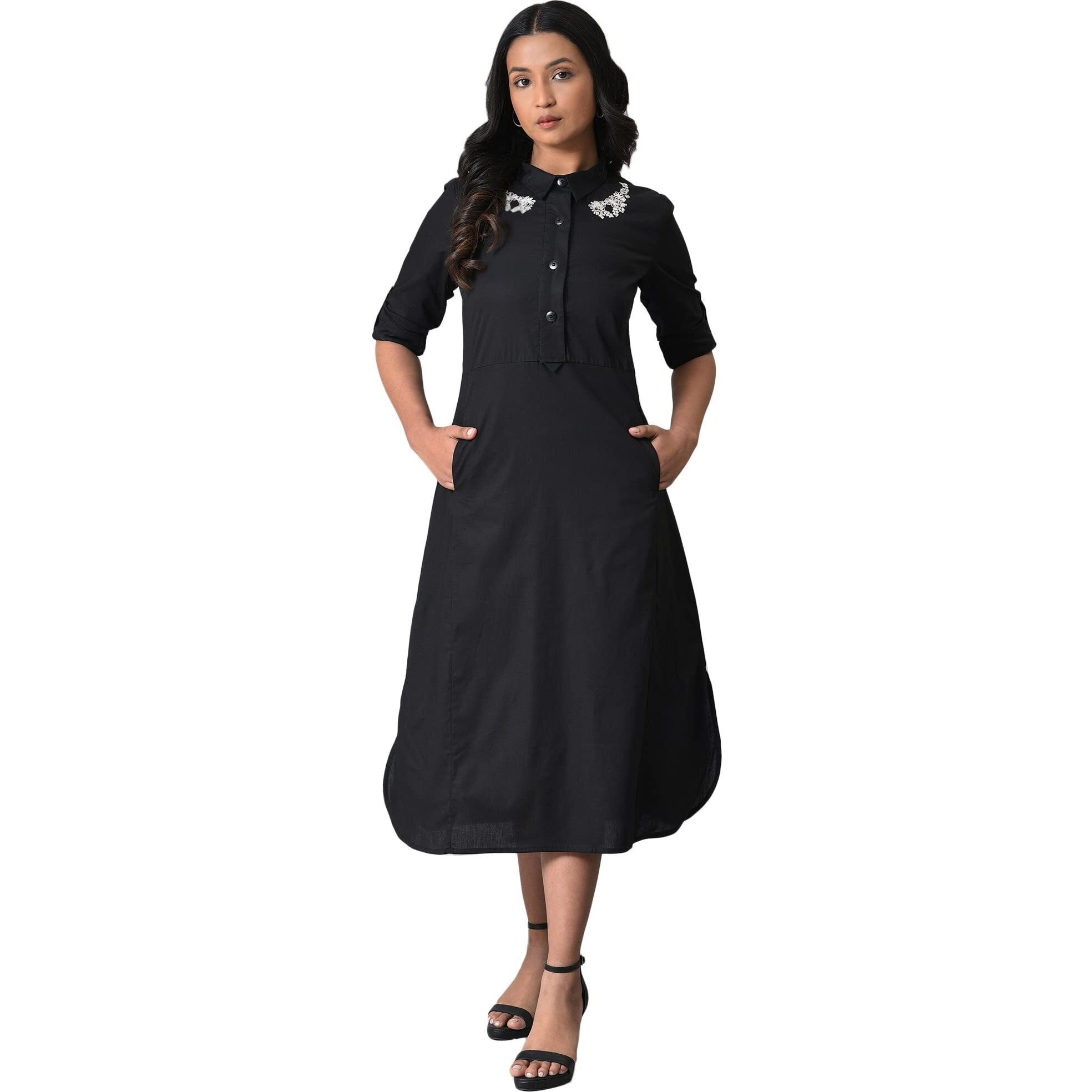 W For Woman Women's Black Cotton Embroidered Shirt Dress Calf Length 23Few19305-219033