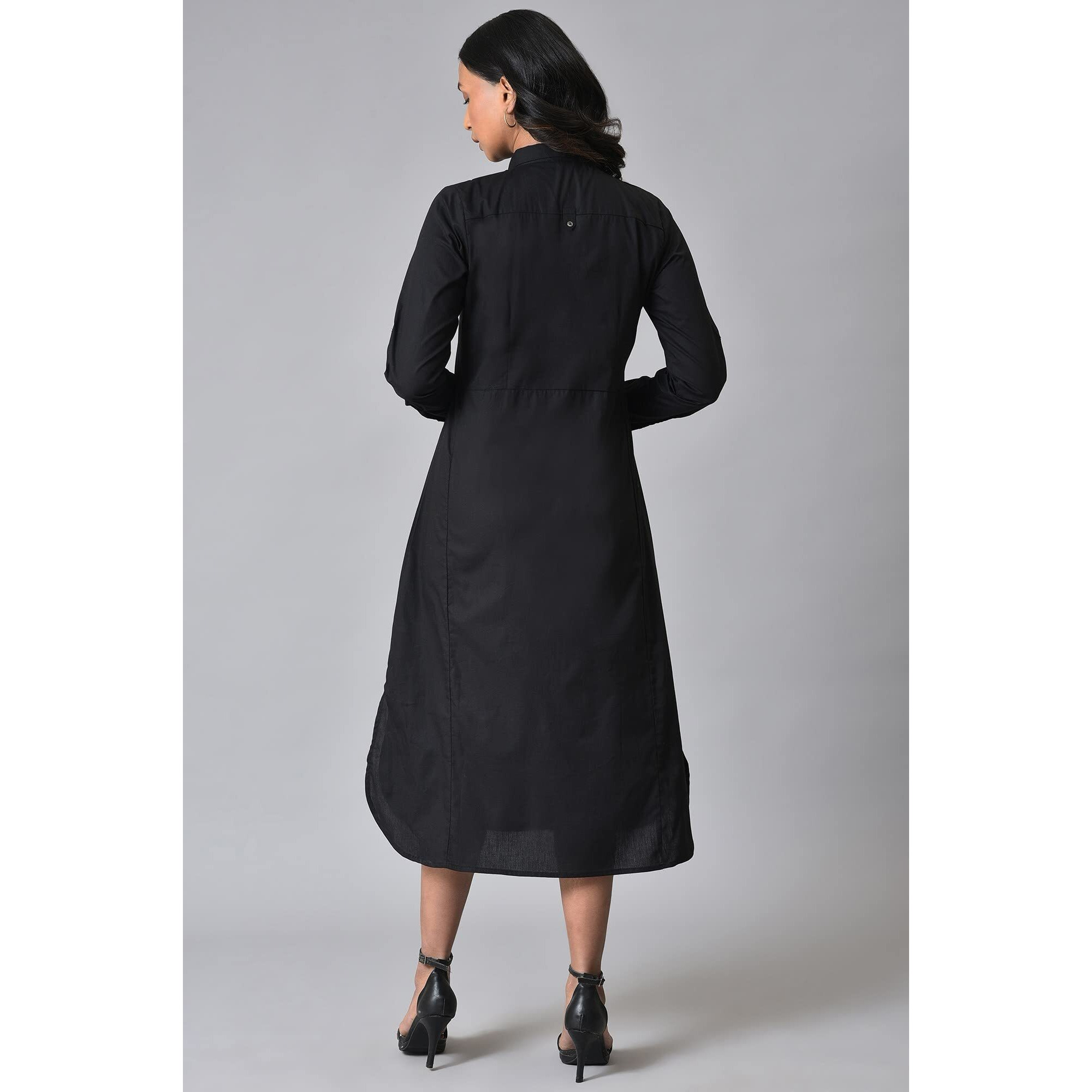 W For Woman Women's Black Cotton Embroidered Shirt Dress Calf Length 23Few19305-219033