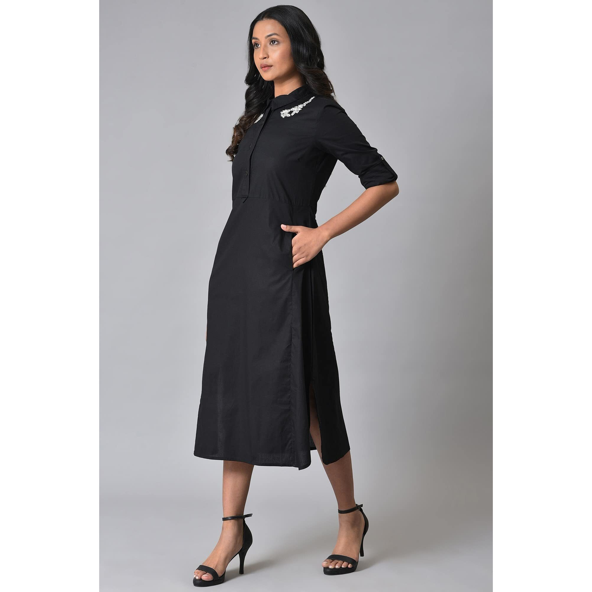 W For Woman Women's Black Cotton Embroidered Shirt Dress Calf Length 23Few19305-219033