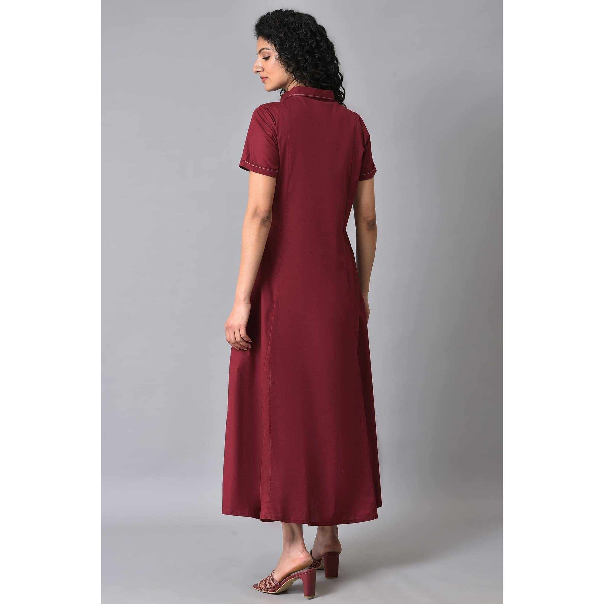 W Dark Red Solid Cotton A-Line Dress For Women